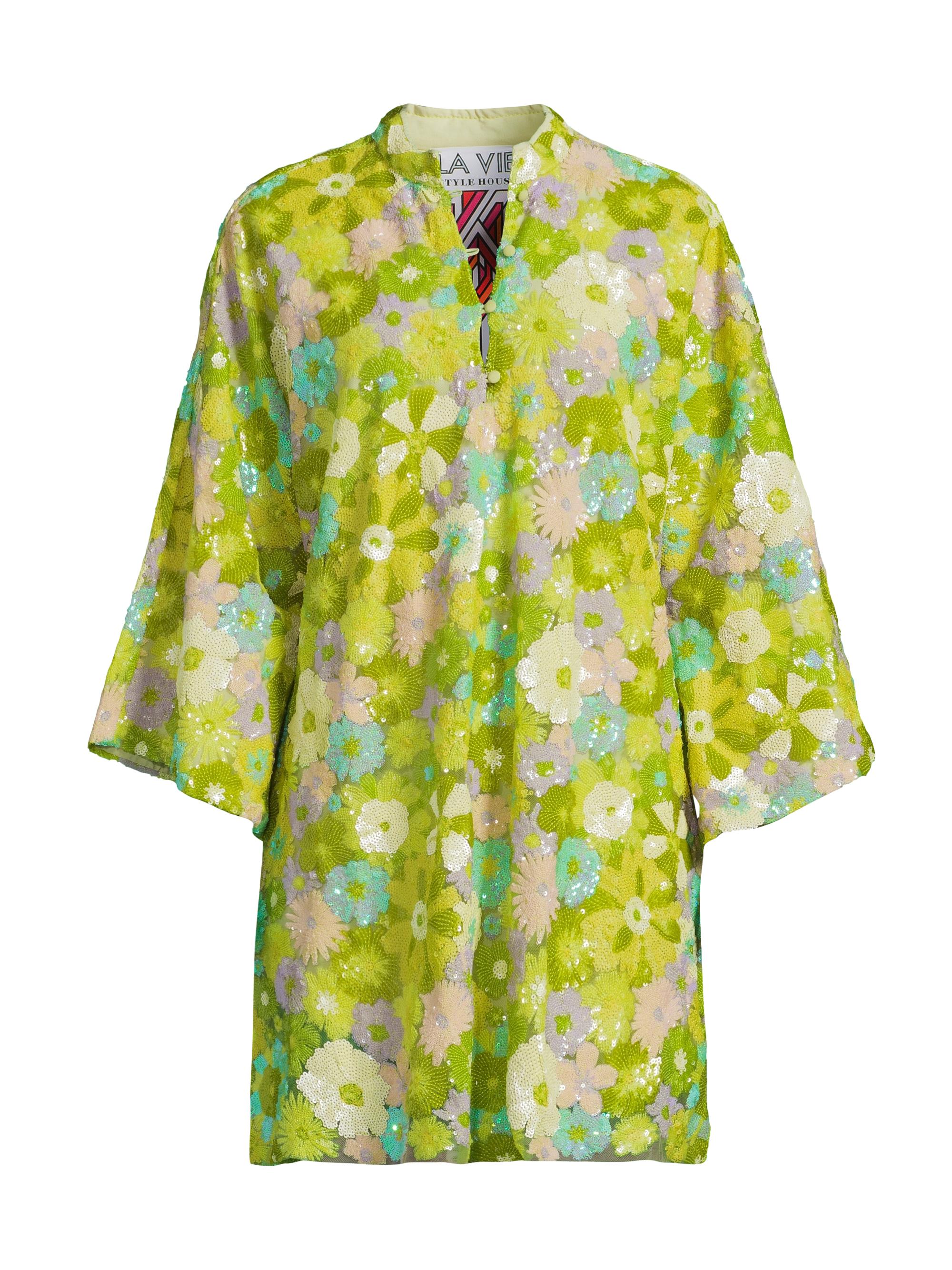La Vie Style House Women's Burst Sequin Mini Caftan - Green Multi
