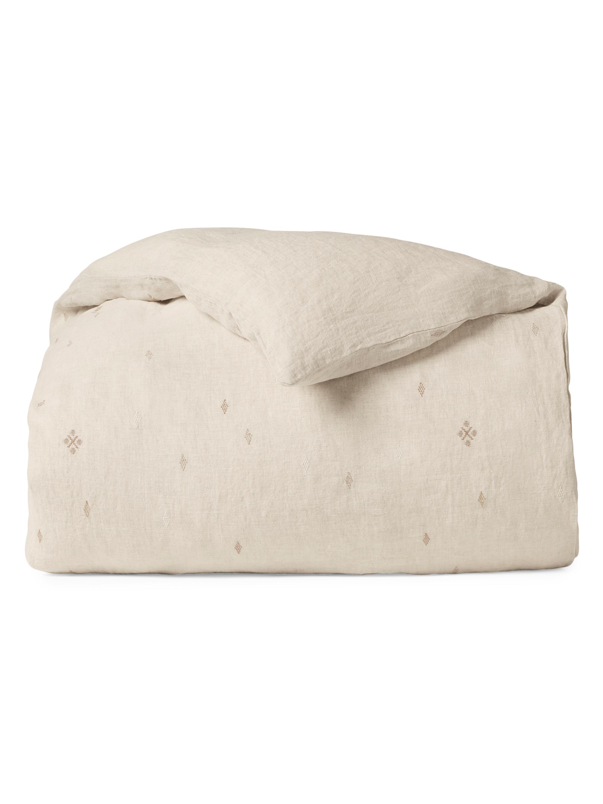Coyuchi Cambria Embroidered Organic Linen Duvet Cover - Beige Queen