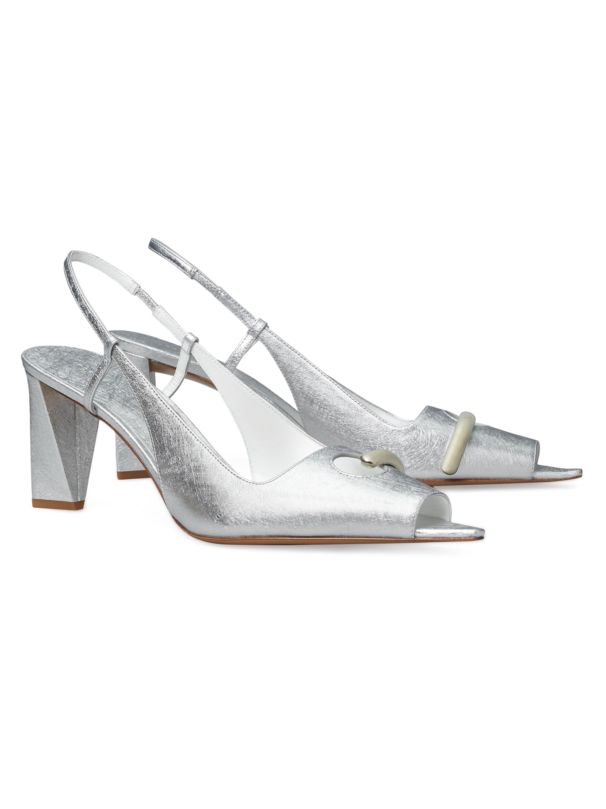 Tory Burch Pierced Peep-Toe 75MM Metallic Leather Slingback