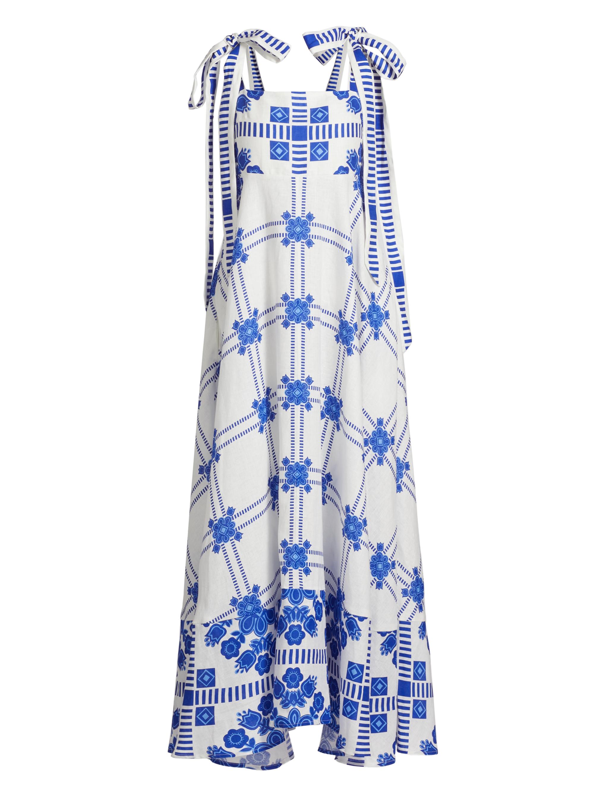 Aston Studio Women's Pippa Tie-Straps Printed Linen Maxi Dress - Mediterranean Foam