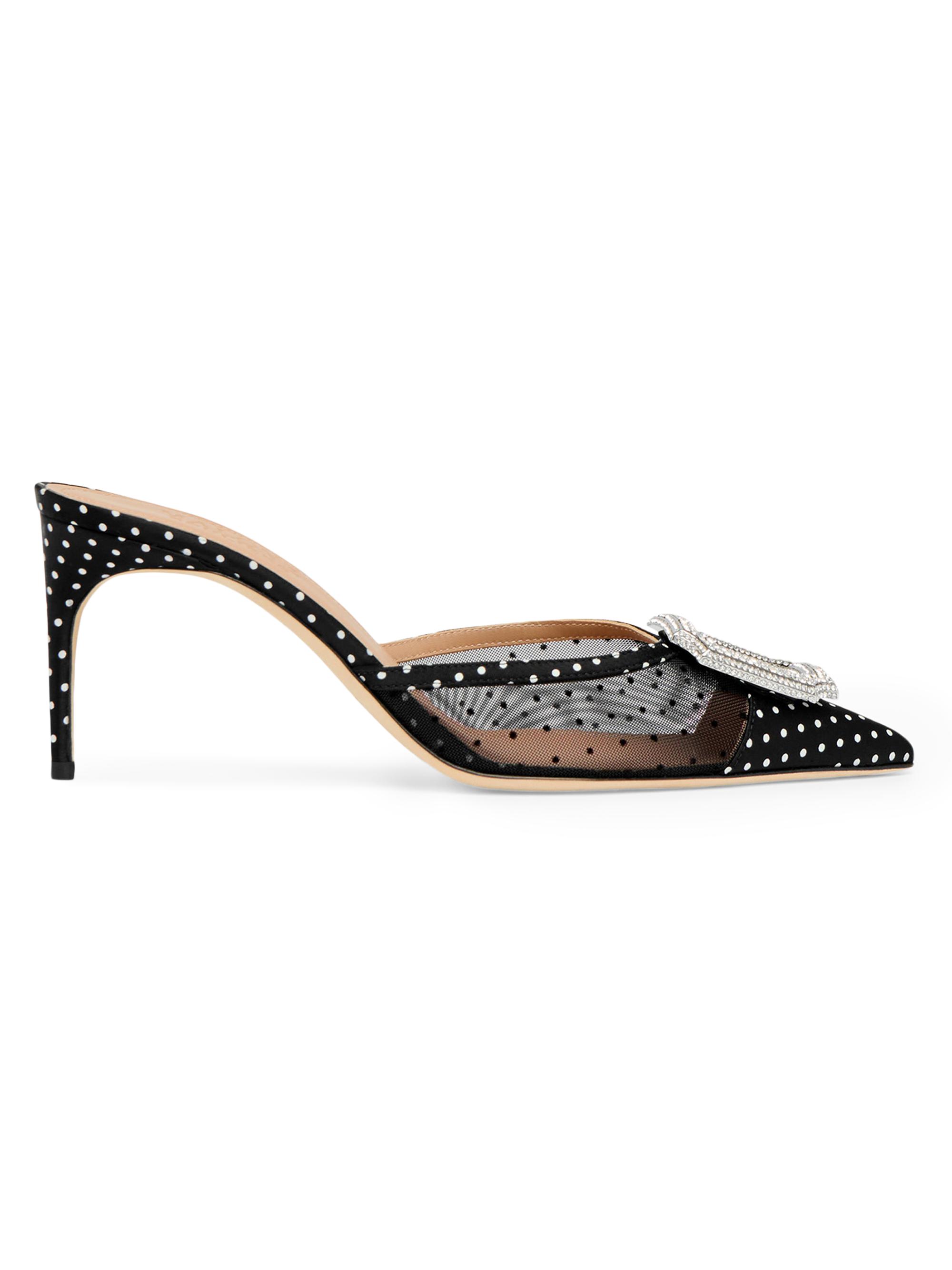 Malone Souliers Women's Mona 70MM Polka Dot Satin and Mesh Mules - Black