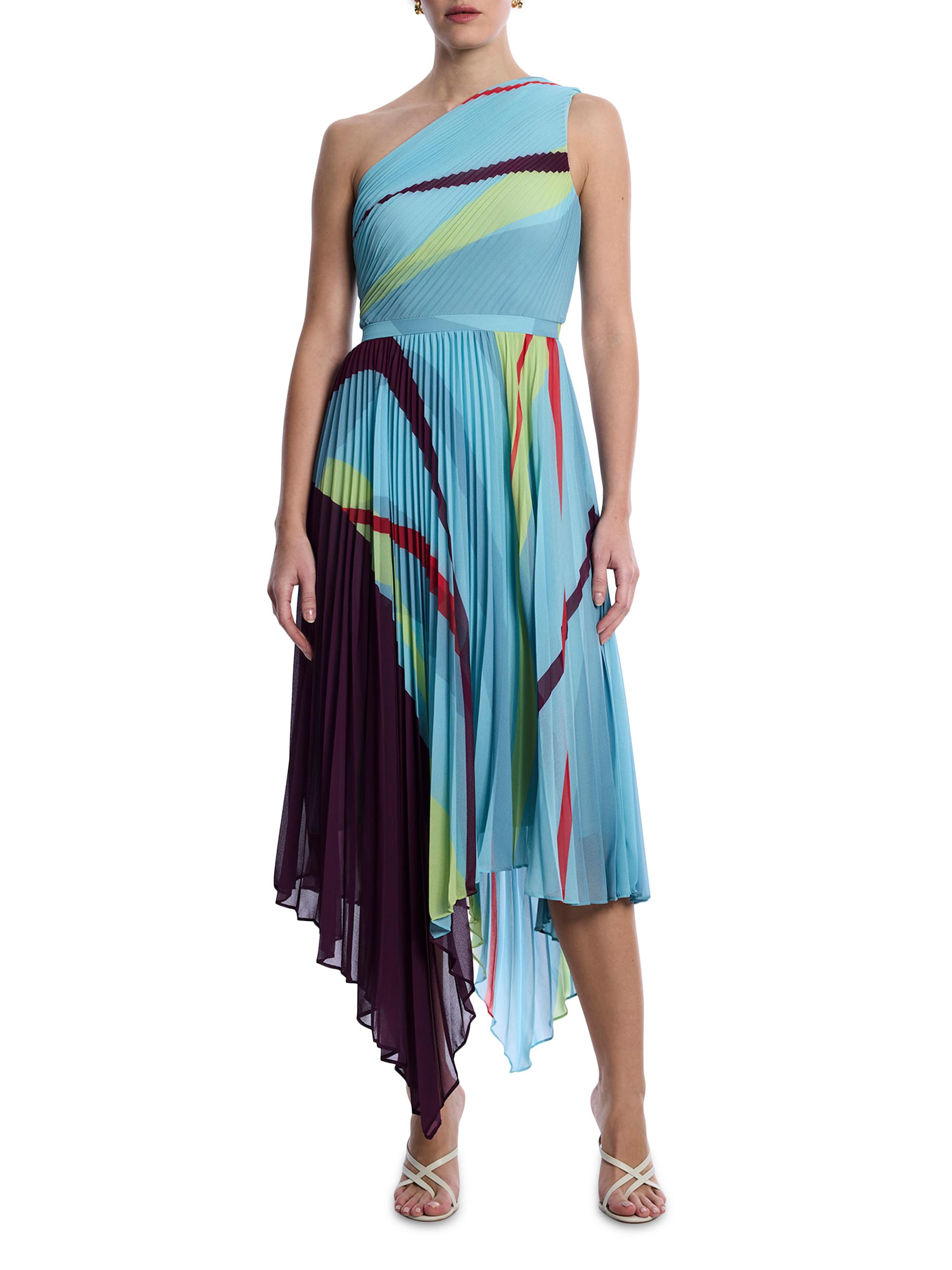 BCBGMAXAZRIA Women's Printed Pleated Midi-Dress - Seafoam Floating Ribbons | Thumbnail 3