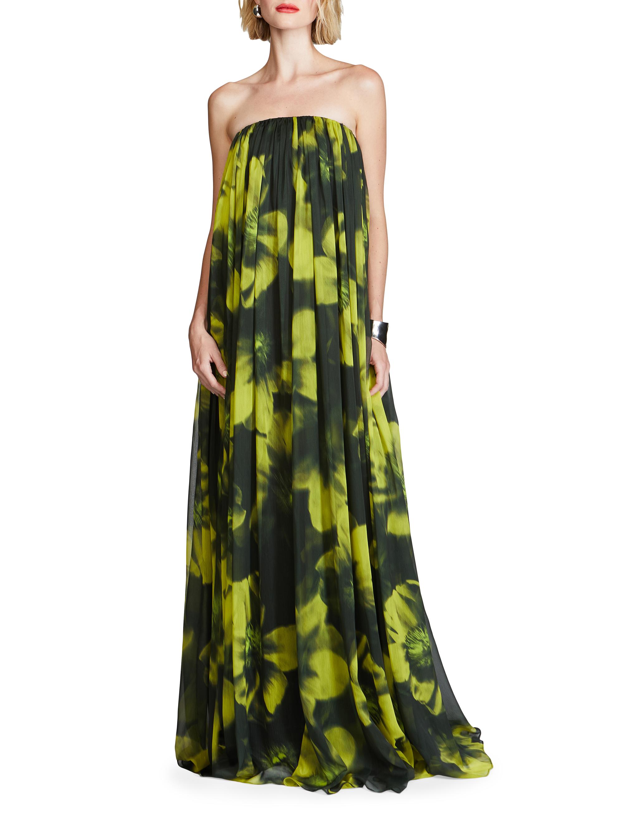 Halston Claudette Floral Chiffon Strapless Gown