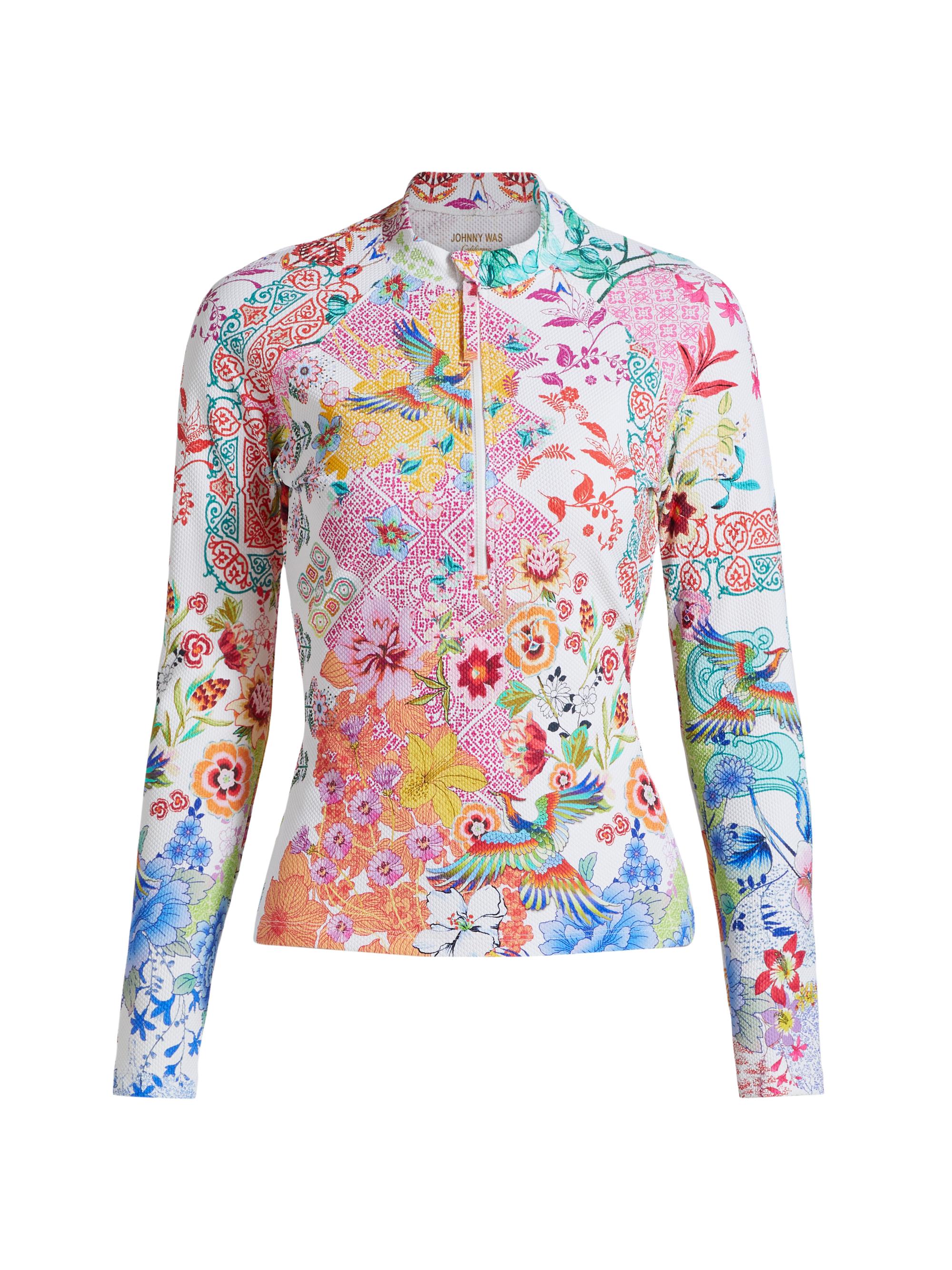 Johnny Was Women's Paula Floral Pique Quarter-Zip Surf Shirt - Paula