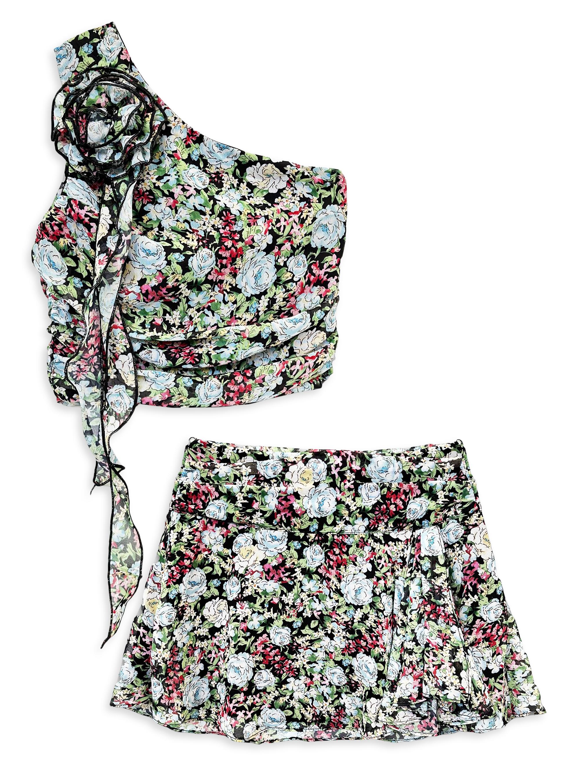 KatieJ NYC Girl's 2-Piece Clara Floral One-Shoulder Top & Skirt Set - Floral