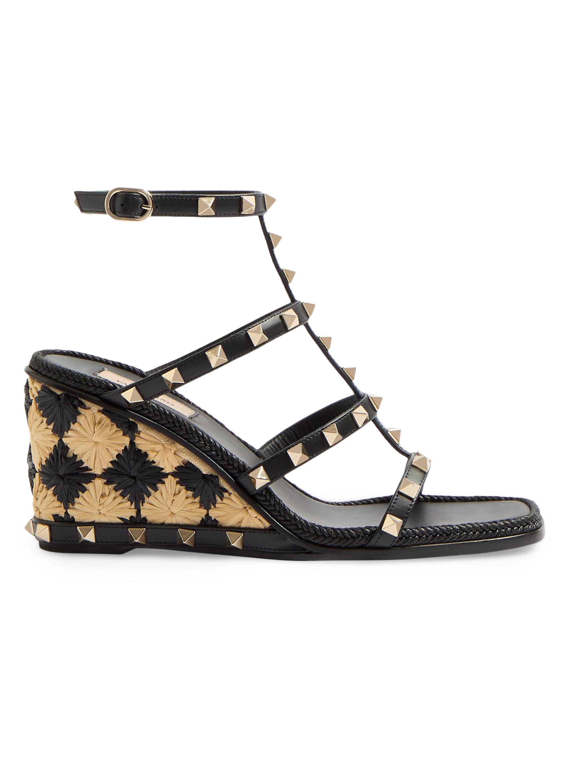 Valentino Garavani Women's Rockstud 80MM Wedge Sandals in Calfskin - Black Natural