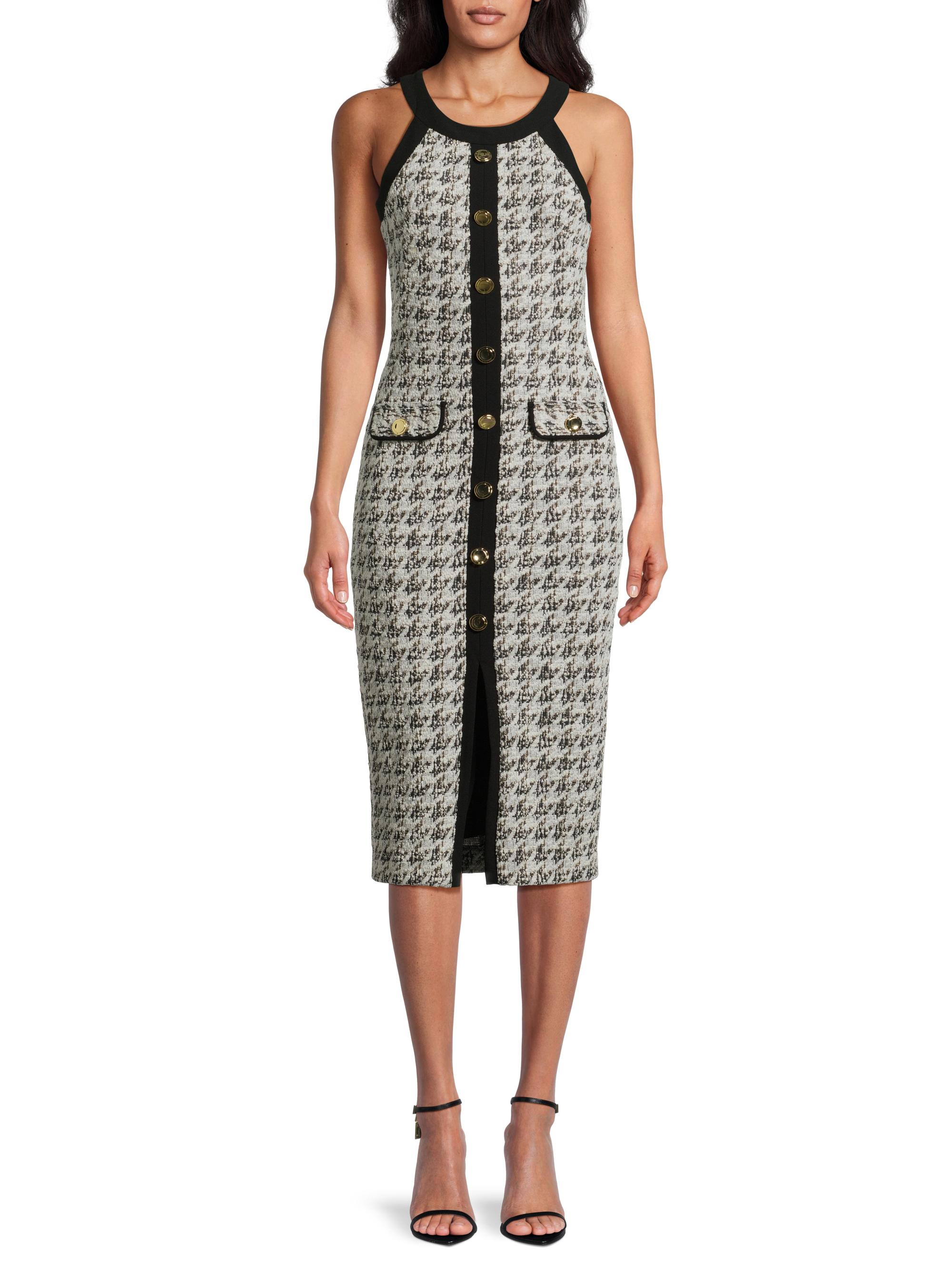 Black Halo Women's Aura Herringbone Knit Bouclé Sleeveless Midi-Dress - Classic Luxe - side view in Classic luxe