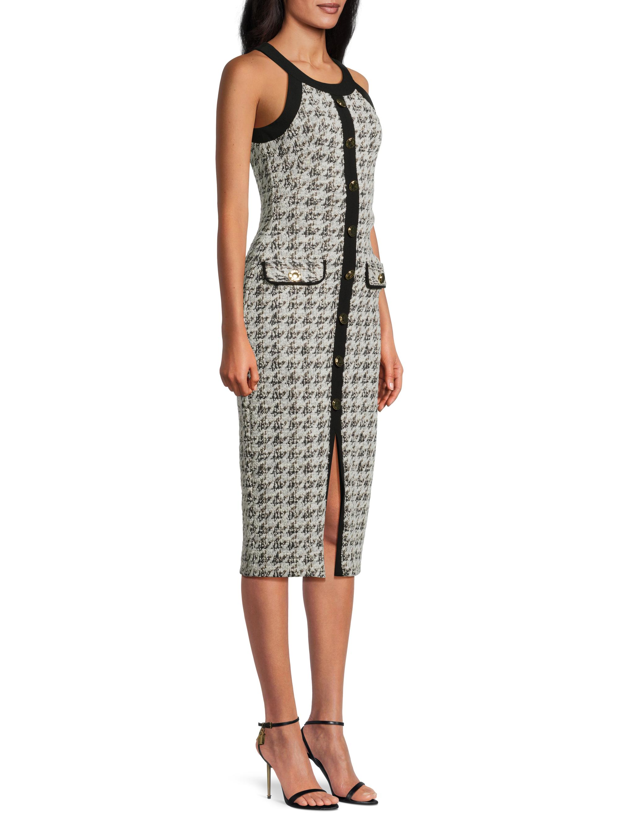 Black Halo Women's Aura Herringbone Knit Bouclé Sleeveless Midi-Dress - Classic Luxe - detail view in Classic luxe