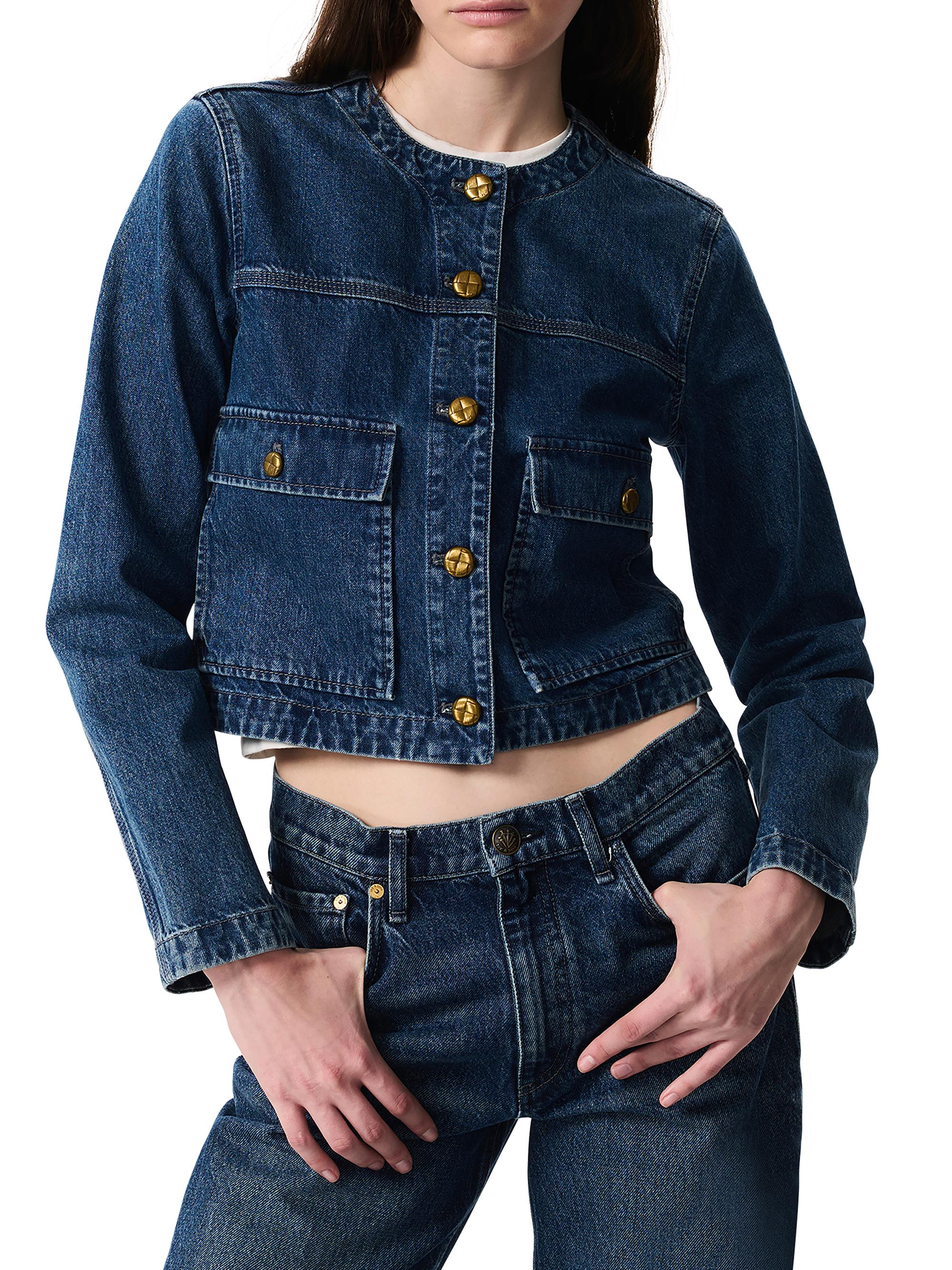 Women's Denim Jacket – Button-Down, Long Sleeve, Cargo Pockets, Washed Blue/Gray, Crop Style