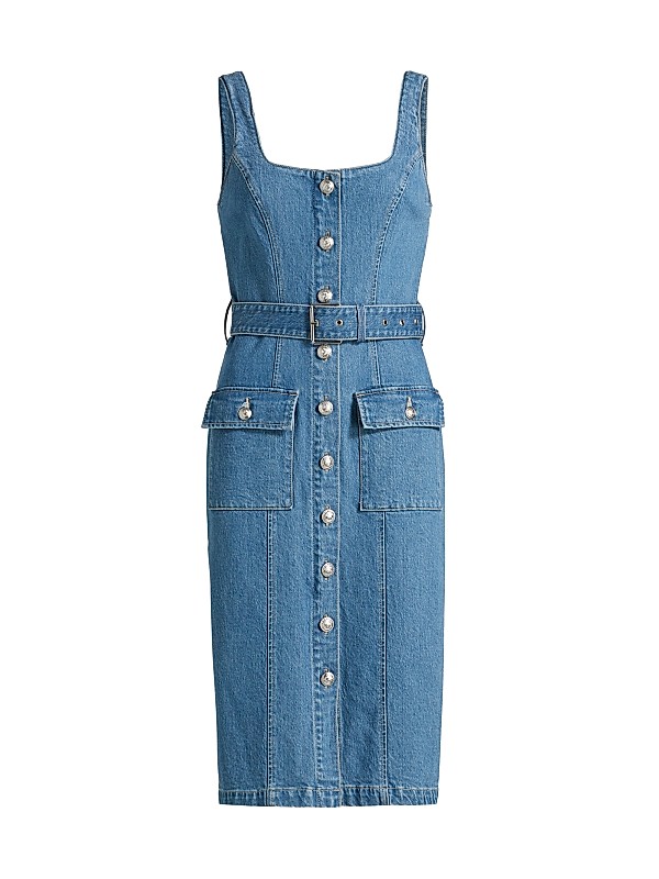 denim dress tank Stitch Detail Light Wash / S Tumble dry low Jacquard Denim V-Neck Semi-Fitted Dress