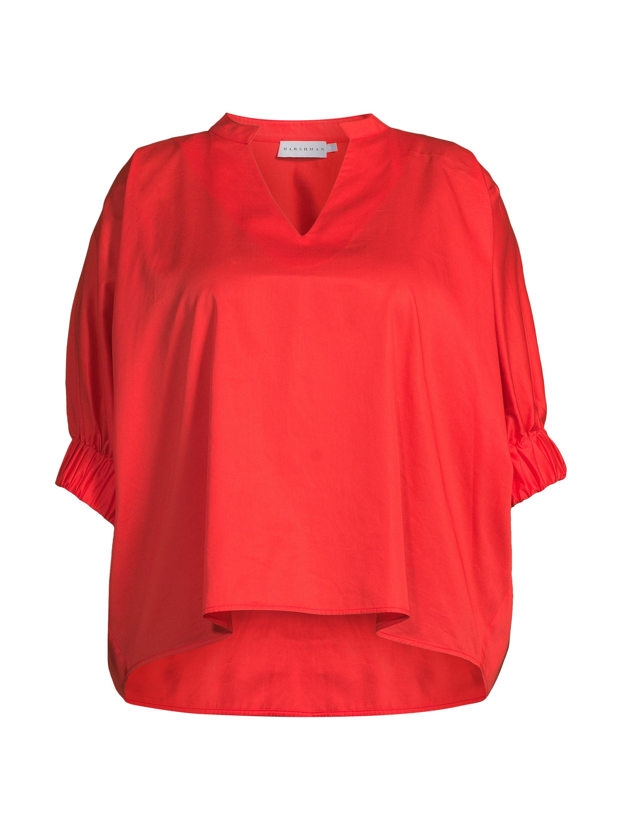 Harshman Women's Plus Medina Cotton Split Neck Oversized Blouse - Poppy Red