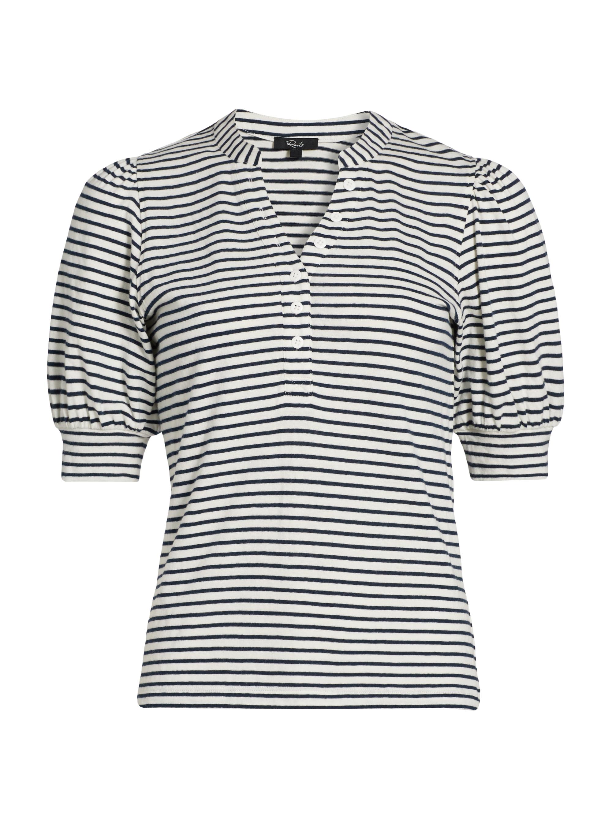 Rails Women's Jewel Striped Cotton Puff-Sleeve Henley -  Navy Microstripe