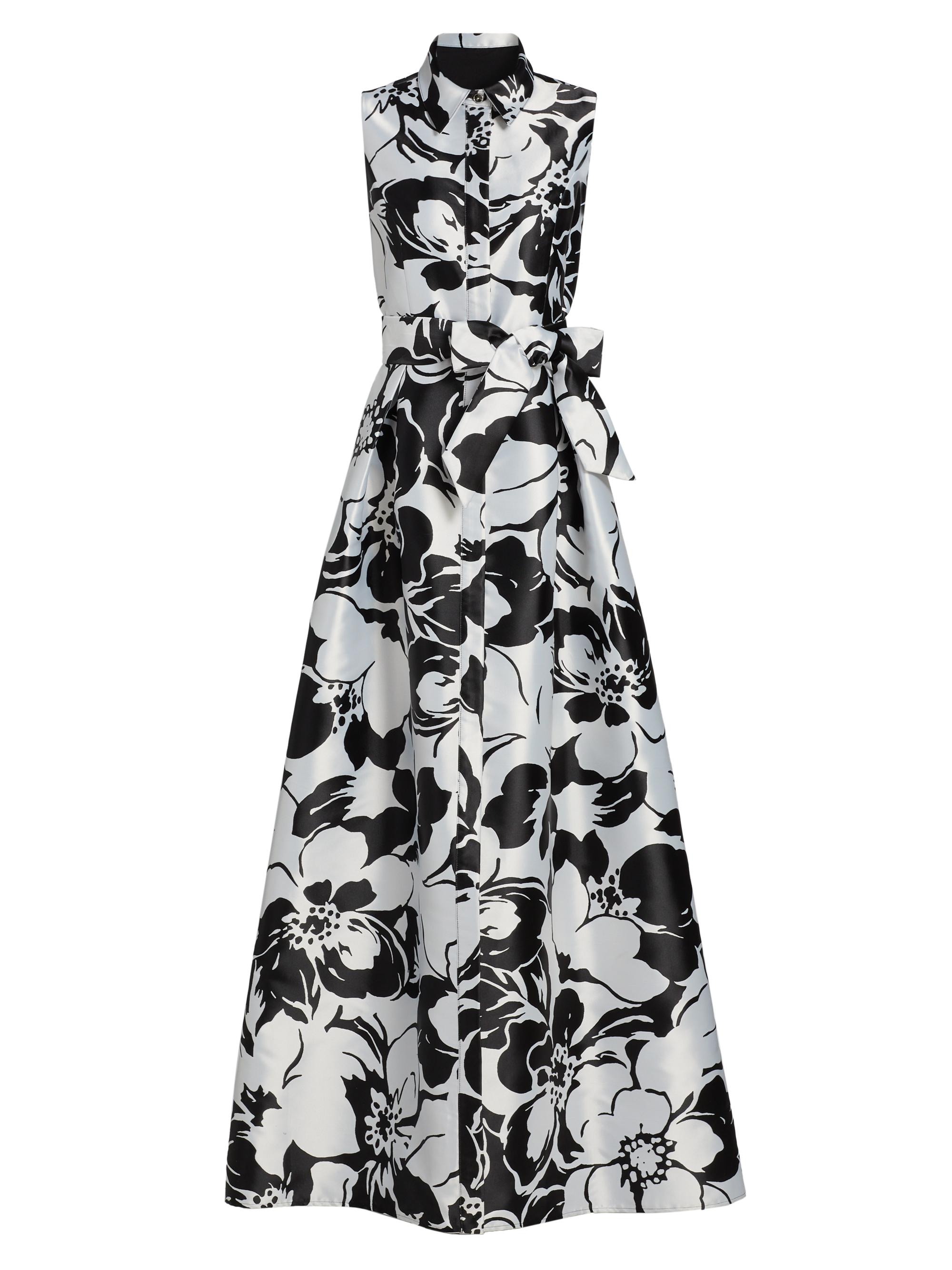 Teri Jon by Rickie Freeman Women's Floral Jacquard Tie-Waist Sleeveless Gown - Black Silver