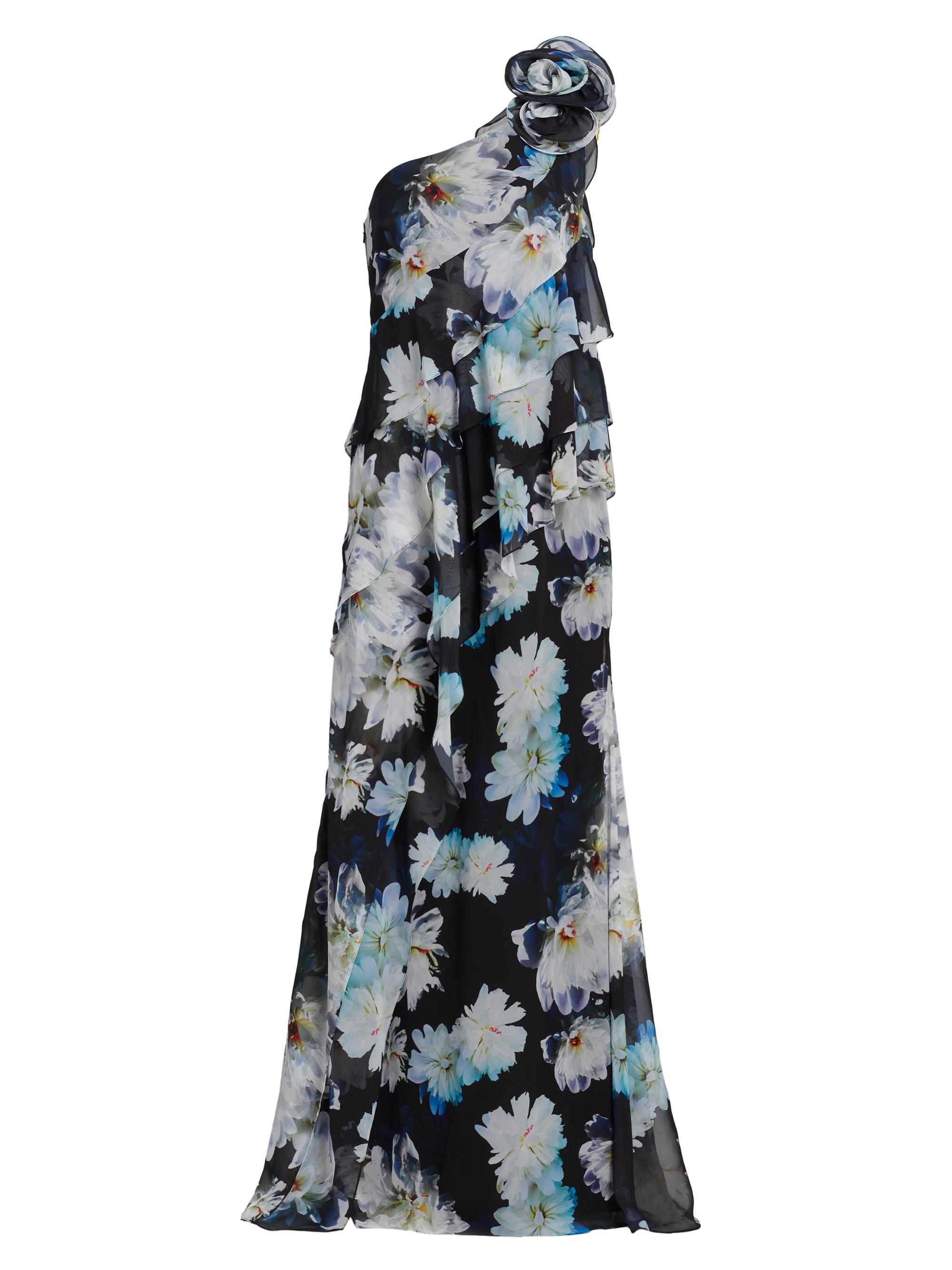 Teri Jon by Rickie Freeman Women's Floral Ruffle Chiffon One-Shoulder Gown - Black Multi