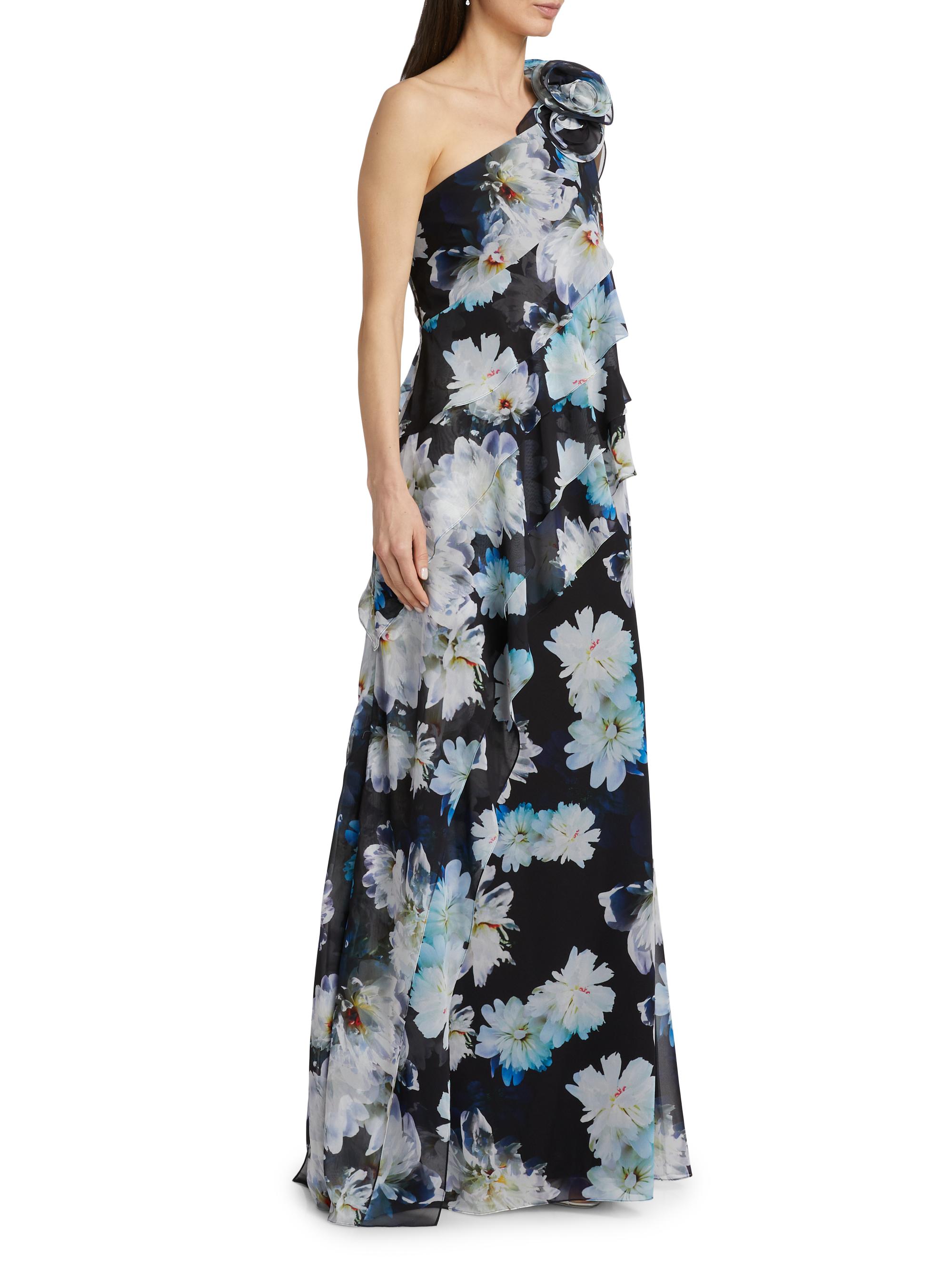 Teri Jon by Rickie Freeman Floral Ruffle Chiffon One-Shoulder Gown | Saks  Fifth Avenue