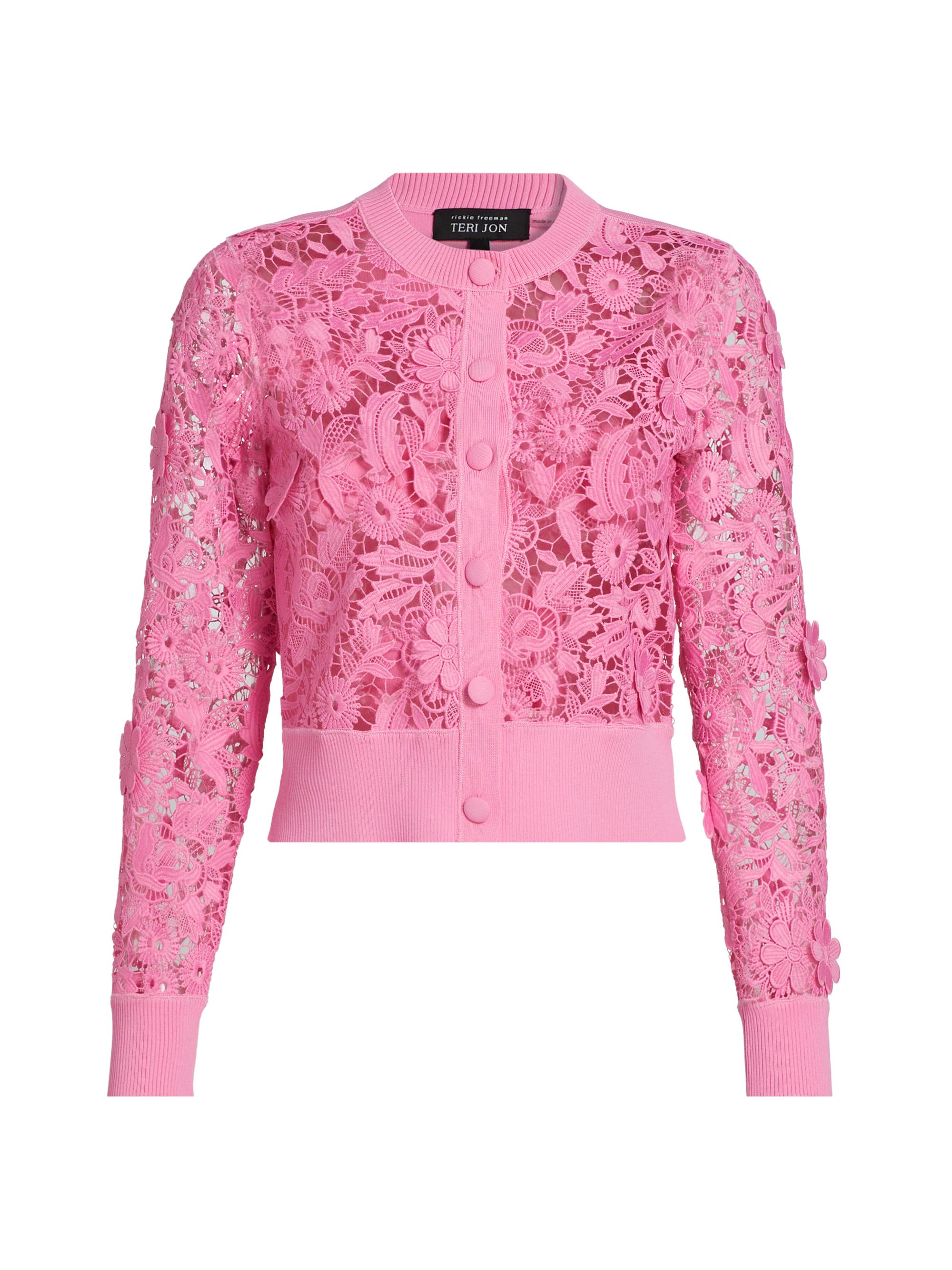 Teri Jon by Rickie Freeman Women's Lace Crewneck Cardigan - Carnation Pink