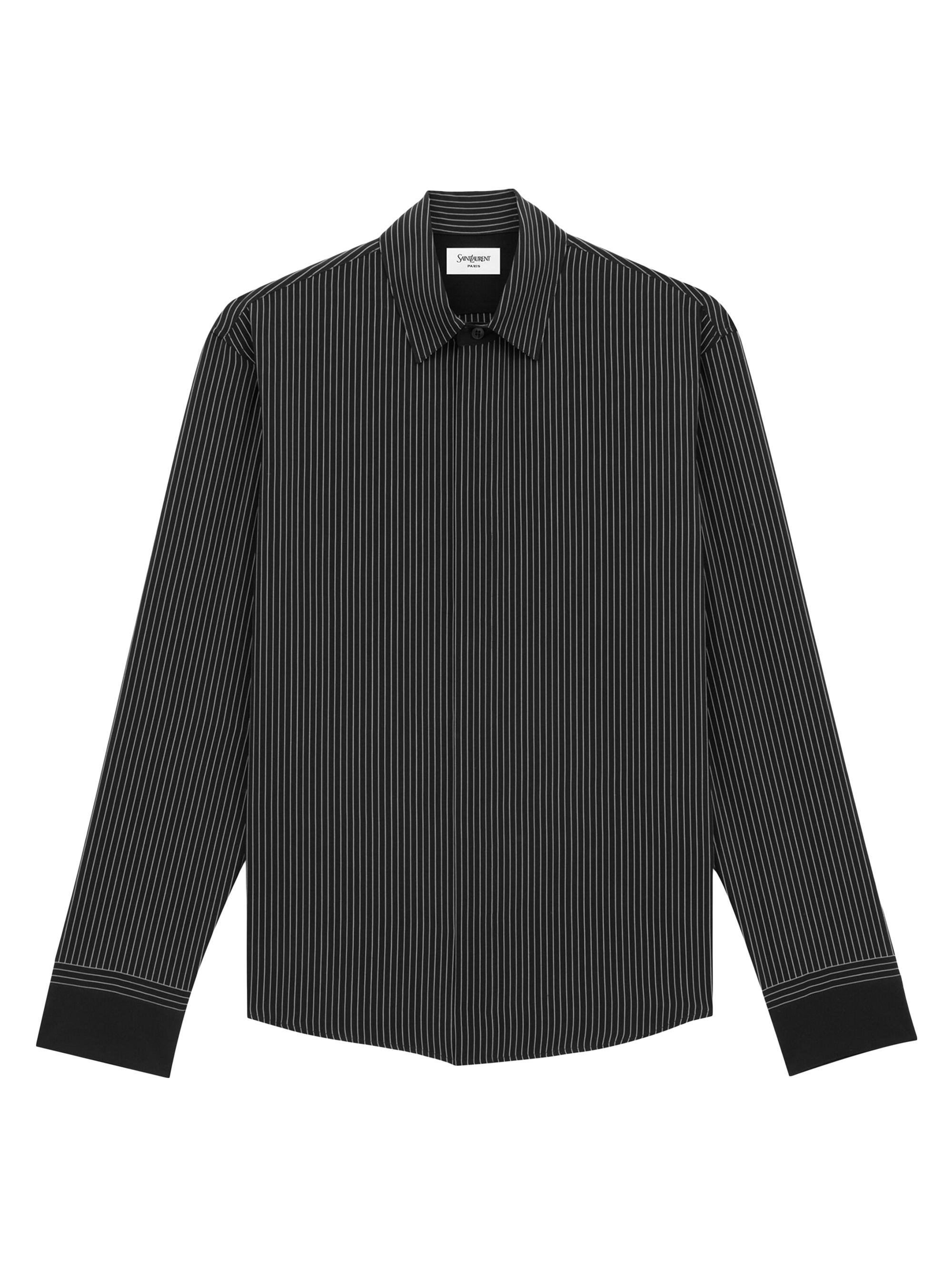 Saint Laurent Men's Cassandre Shirt in Striped Silk - Noir Et Craie