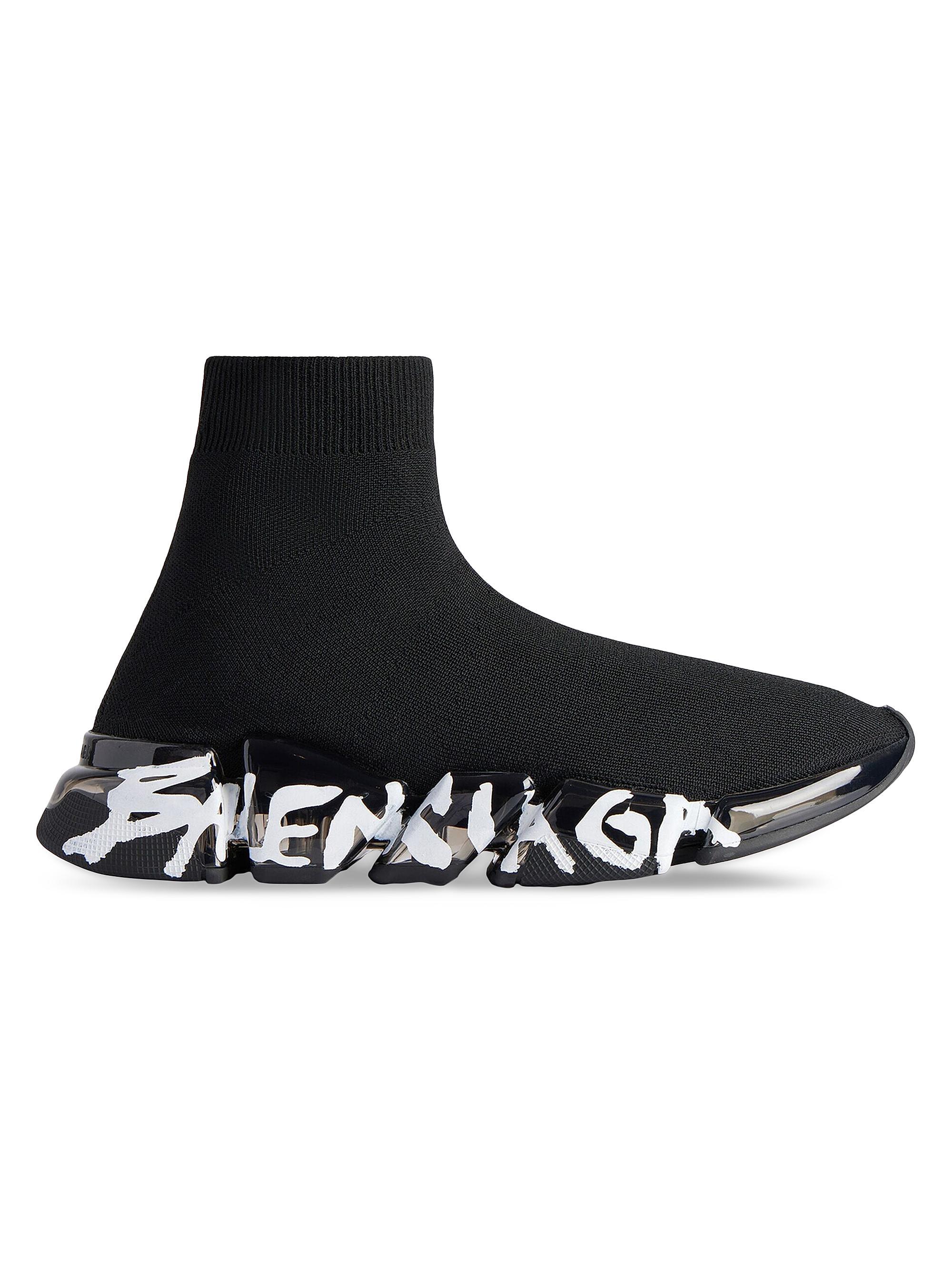 Balenciaga Men's Speed 2.0 Full Clear Sole Graffiti Recycled Knit Sneakers - Black Black