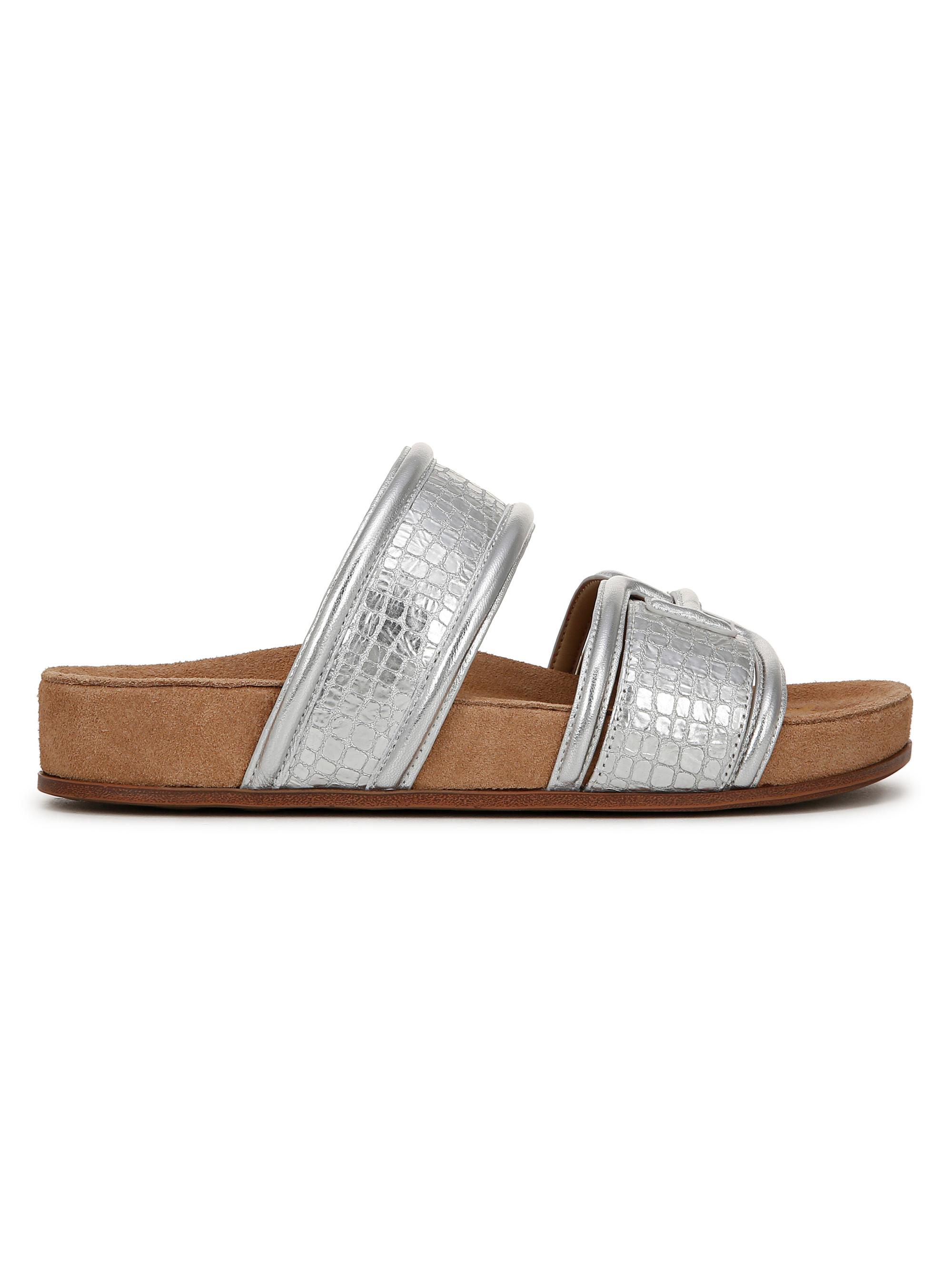 Sam Edelman Women's Rowan Metallic Leather Double-Band Slides - Soft Silver  Sandals