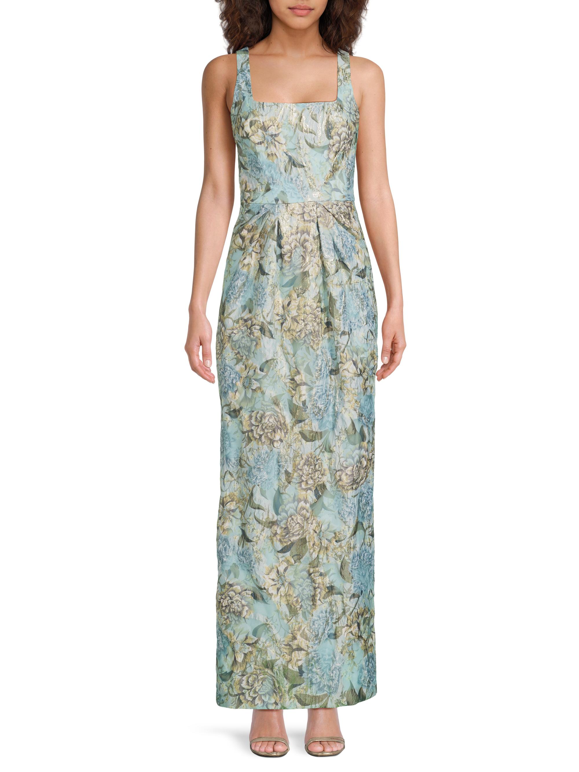 Floral Jacquard Back-Slit Sleeveless Maxi Dress