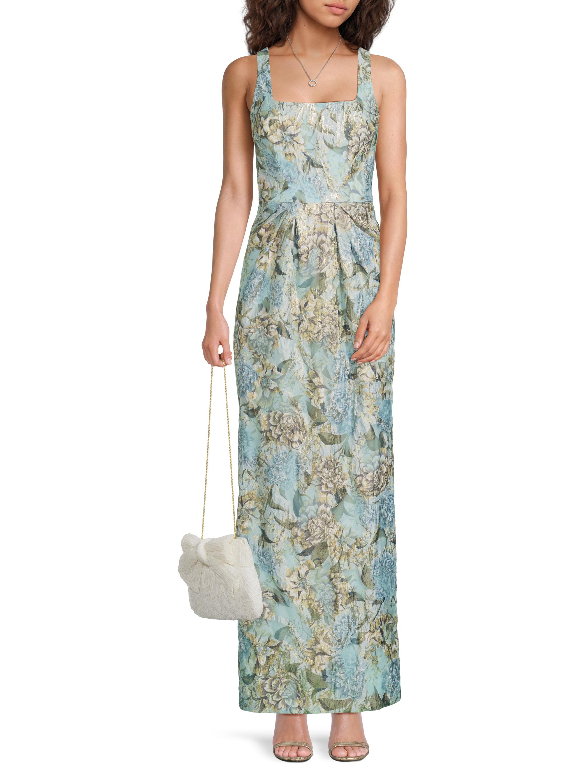 Aidan Mattox Floral Jacquard Back-Slit Sleeveless Maxi Dress