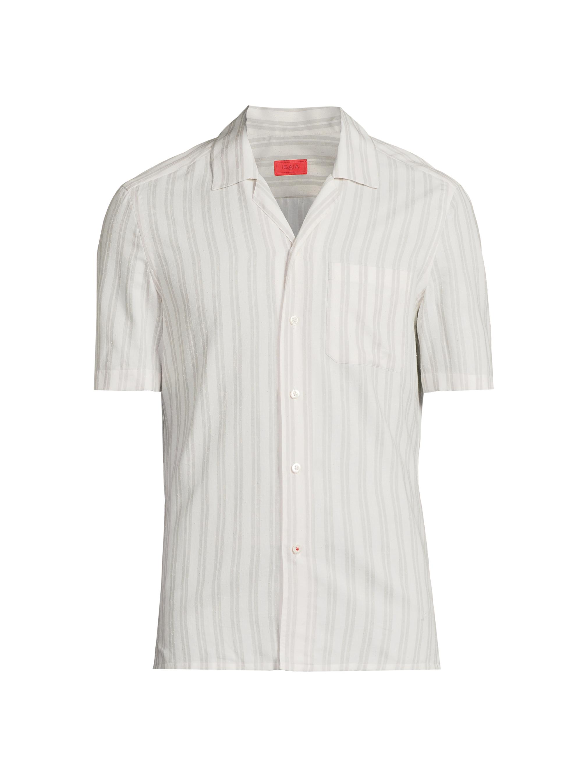 Isaia Men's Striped Cotton-Silk Camp Shirt - White Grey