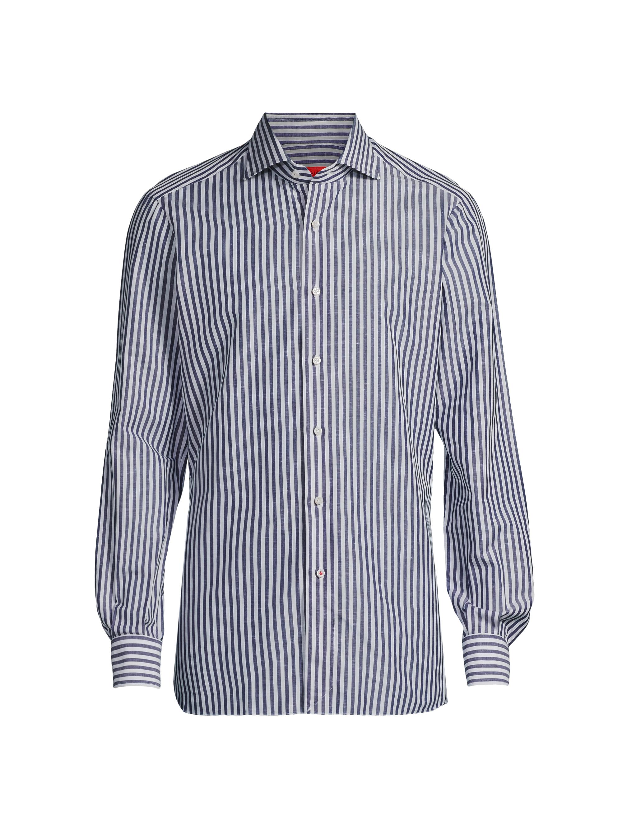 Isaia Men's Striped Cotton-Linen Button-Up Shirt - White Blue