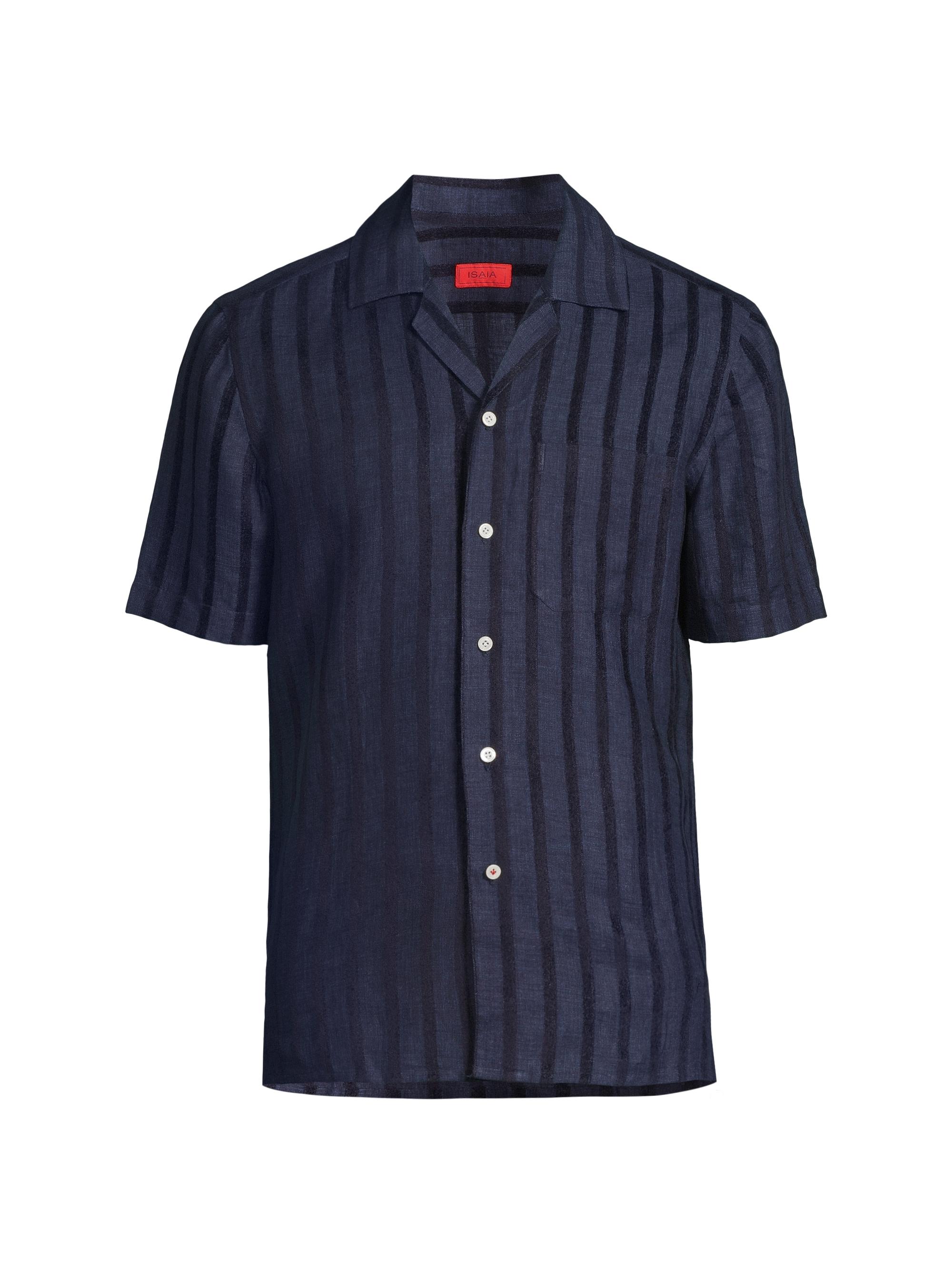 Isaia Men's Textured Wide Striped Camp Shirt - Navy