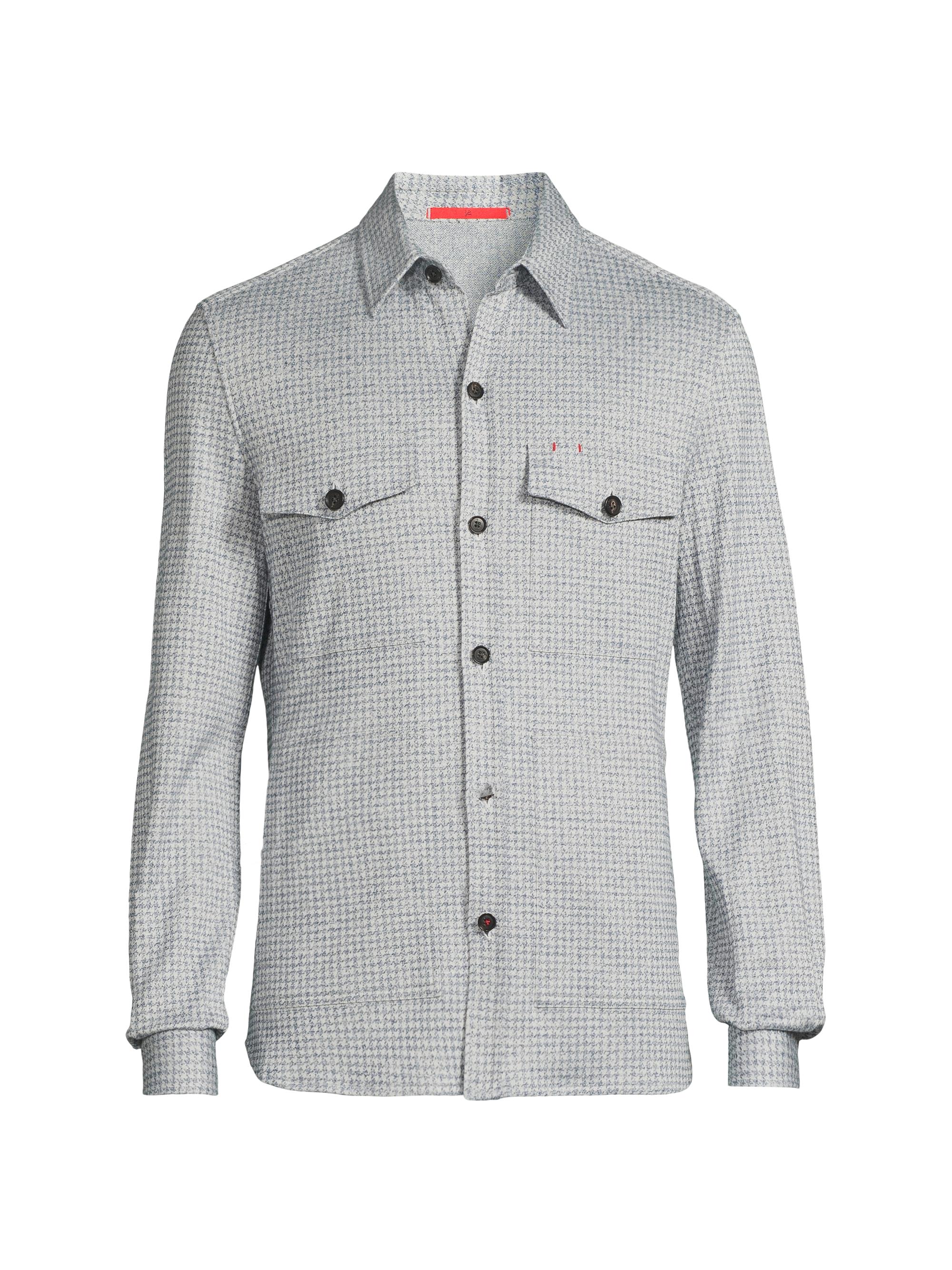 Isaia Men's Houndstooth Linen-Silk-Cotton Overshirt - Blue White