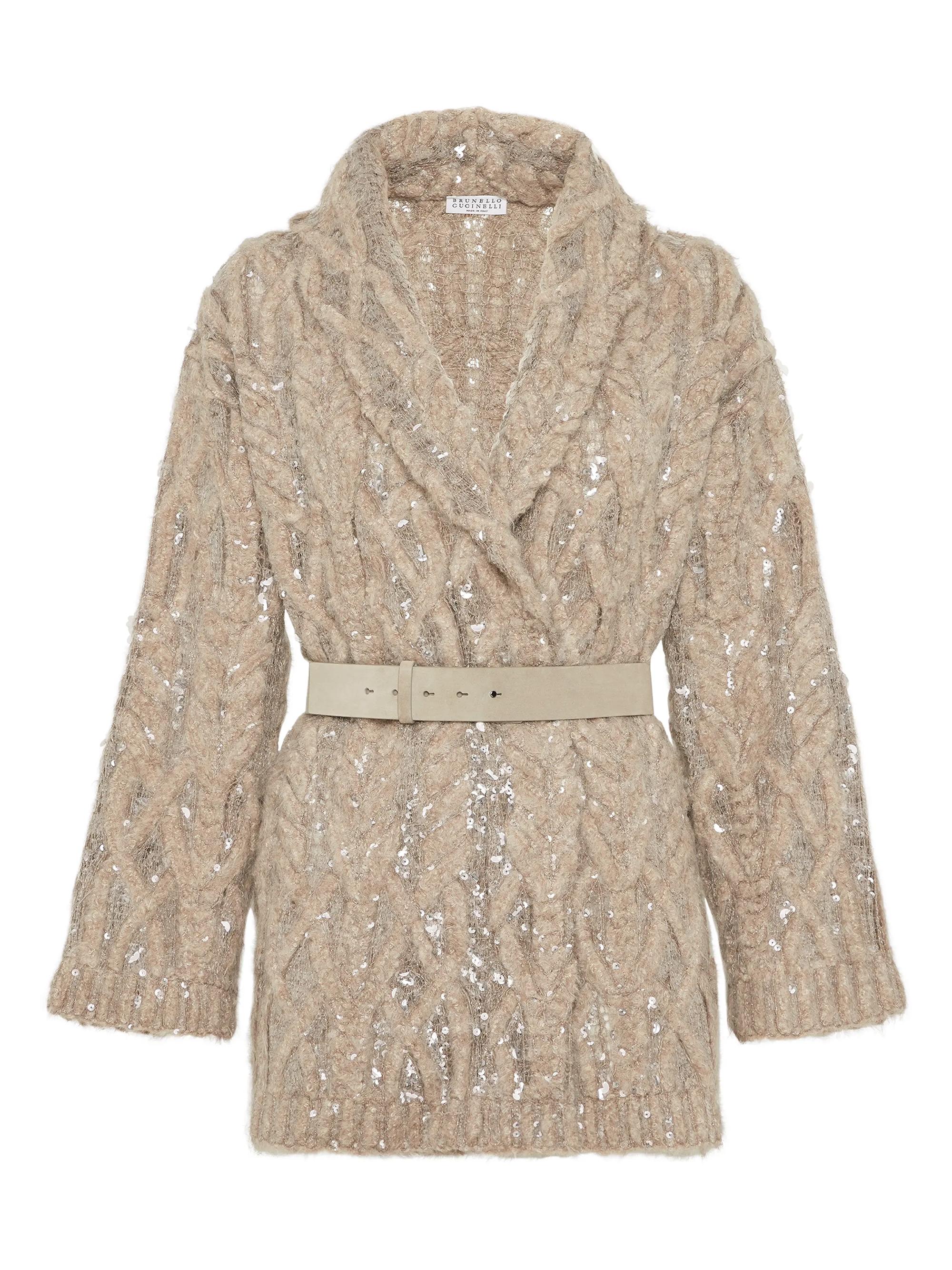 Brunello Cucinelli Women's Dazzling Fern Embroidery Cardigan in Alpaca, Mohair and Wool - Sand