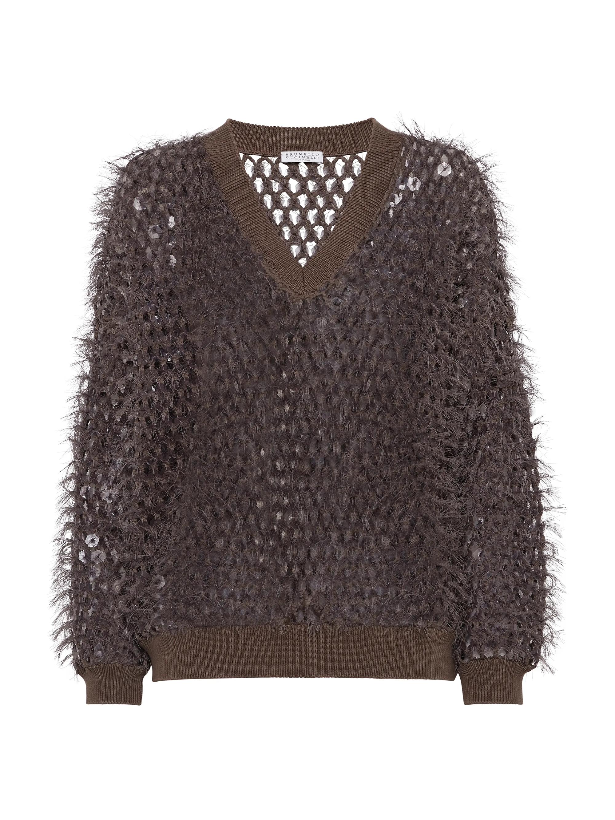 Brunello Cucinelli Women's Cotton Dazzling Mosaic Embroidery Sweater - Chocolate