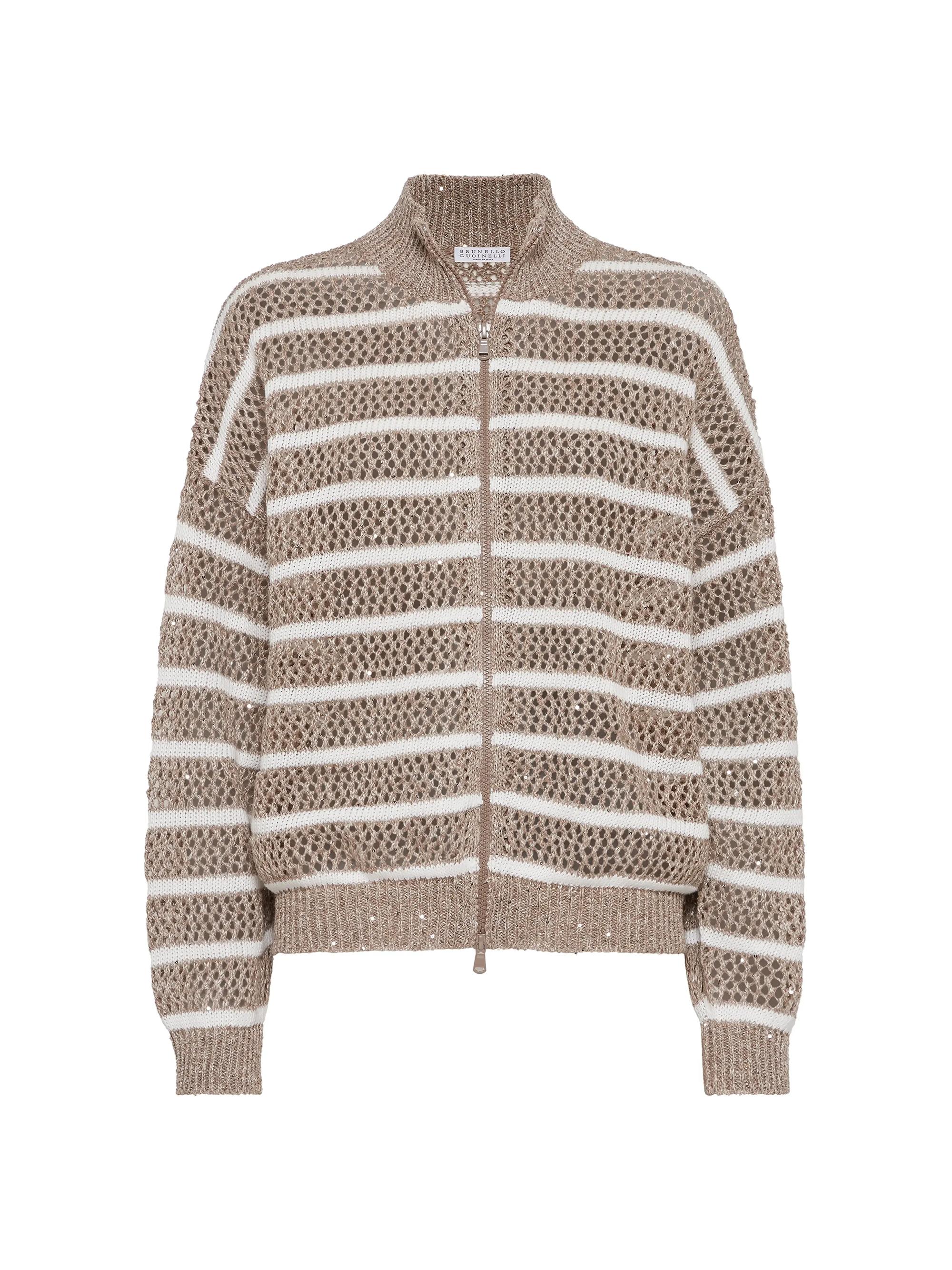 Brunello Cucinelli Women's Linen Dazzling Striped Net Cardigan - Biscuit