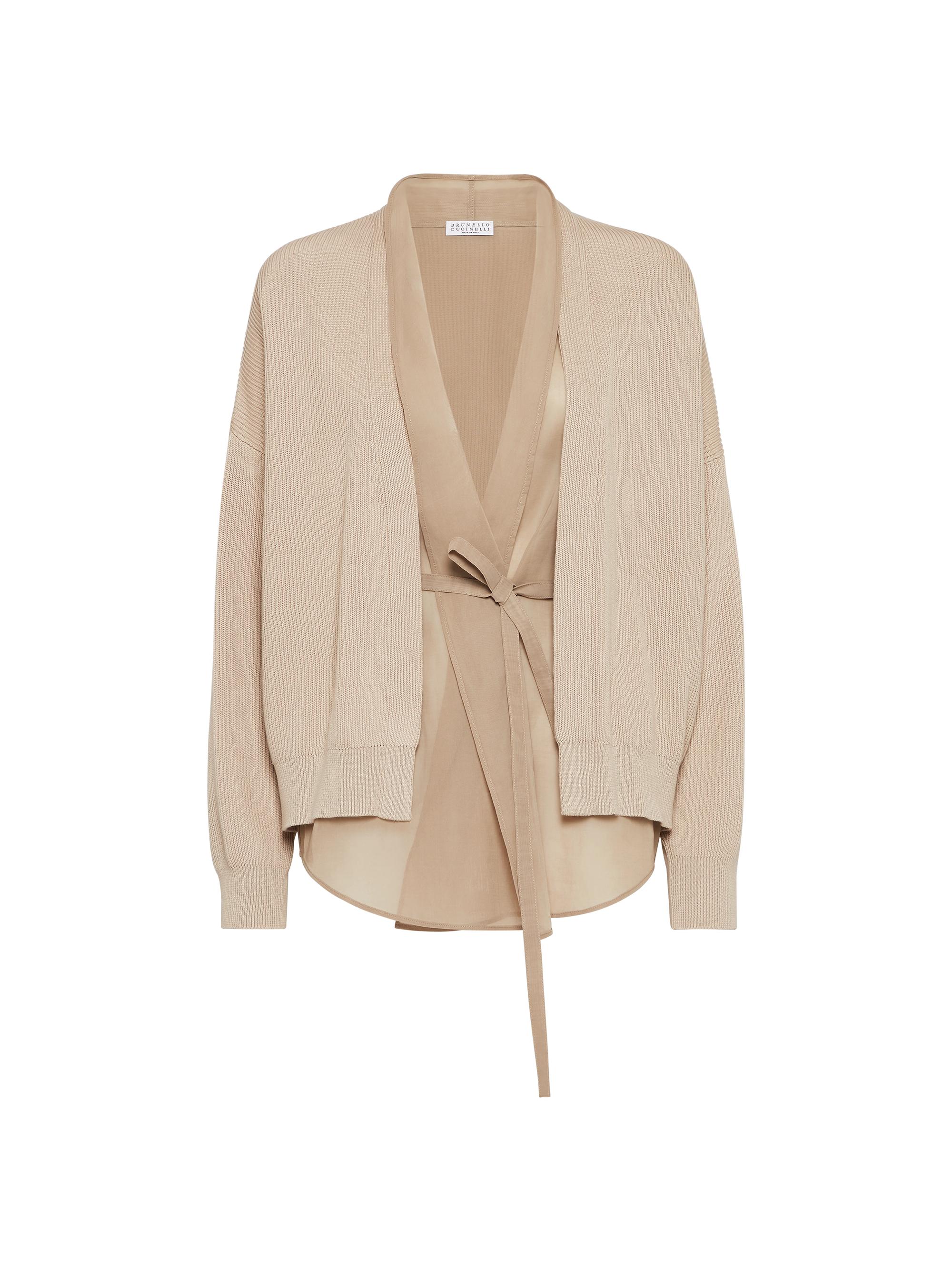 Brunello Cucinelli Women's Cotton English Rib Knit and Organza Layered Cardigan - Biscuit