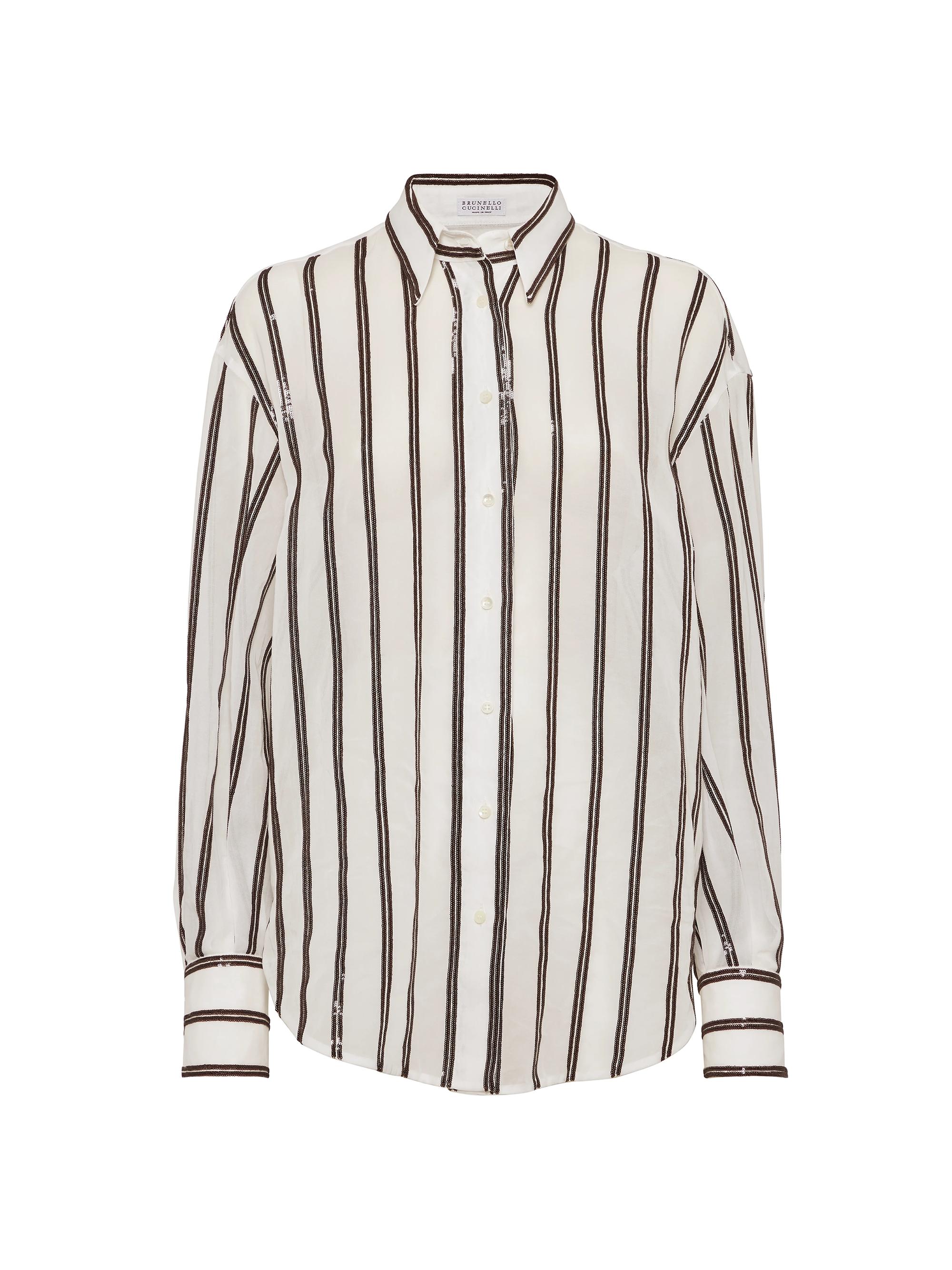 Brunello Cucinelli Women's Cotton Organza Shirt with Dazzling Stripe Embroidery - Brown