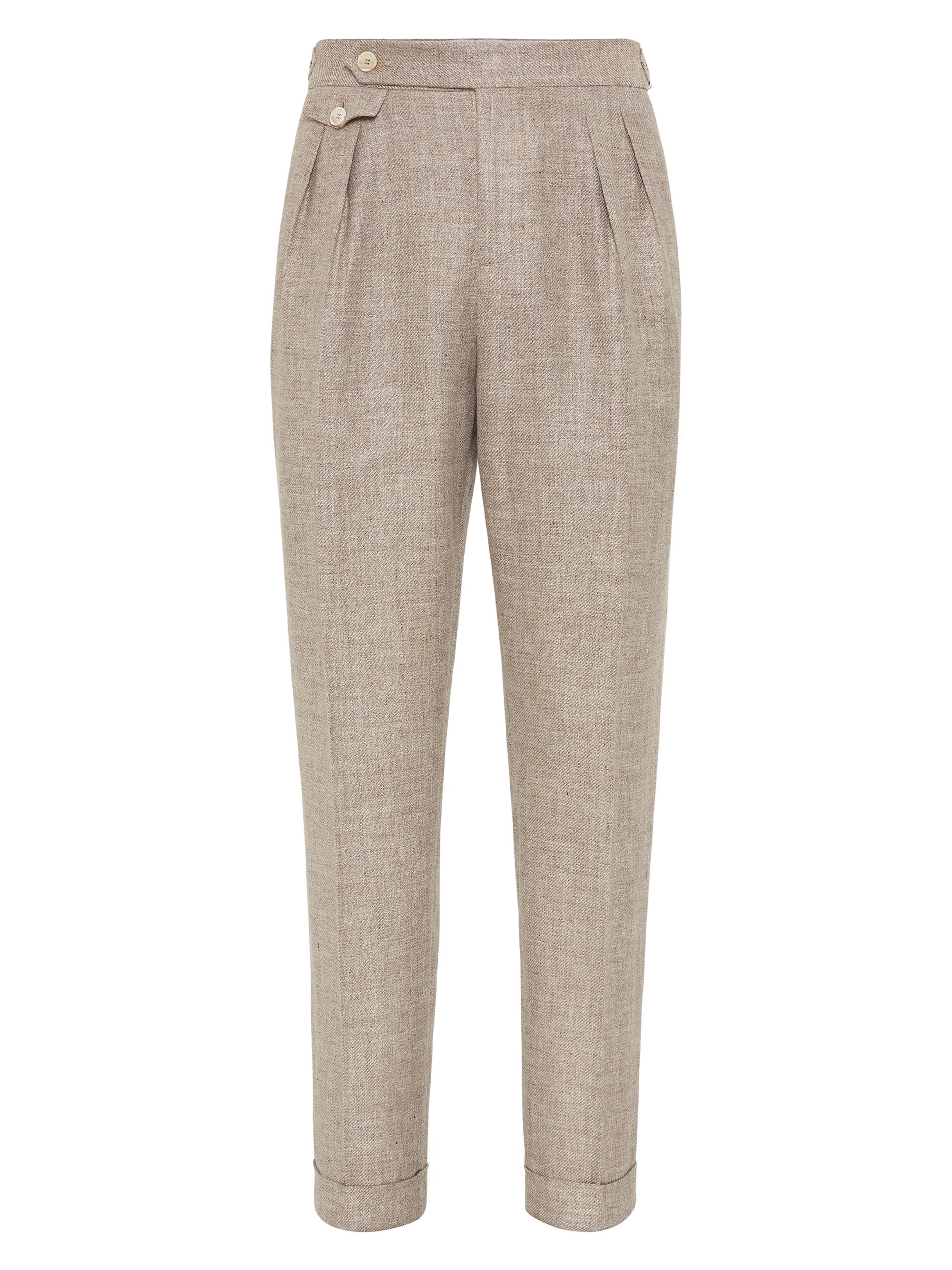 Brunello Cucinelli Men's Diagonal Leisure Fit Trousers with Double Pleats and Waist Tabs - Bark