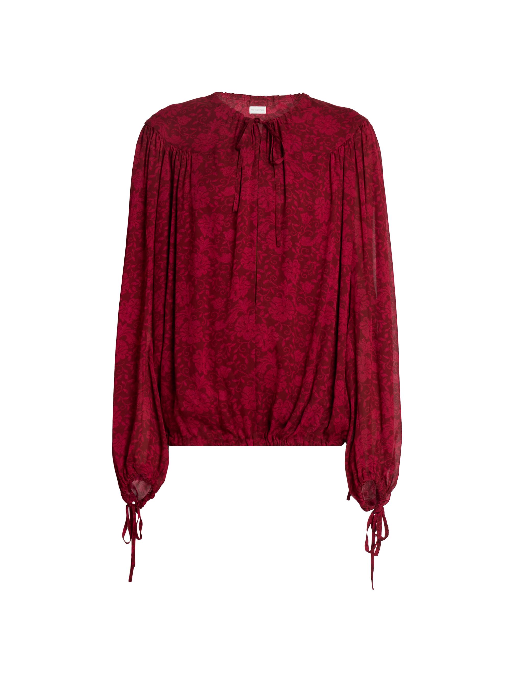 Dries Van Noten Women's Floral Tieneck Elasticized-Hem Blouse - Cherry