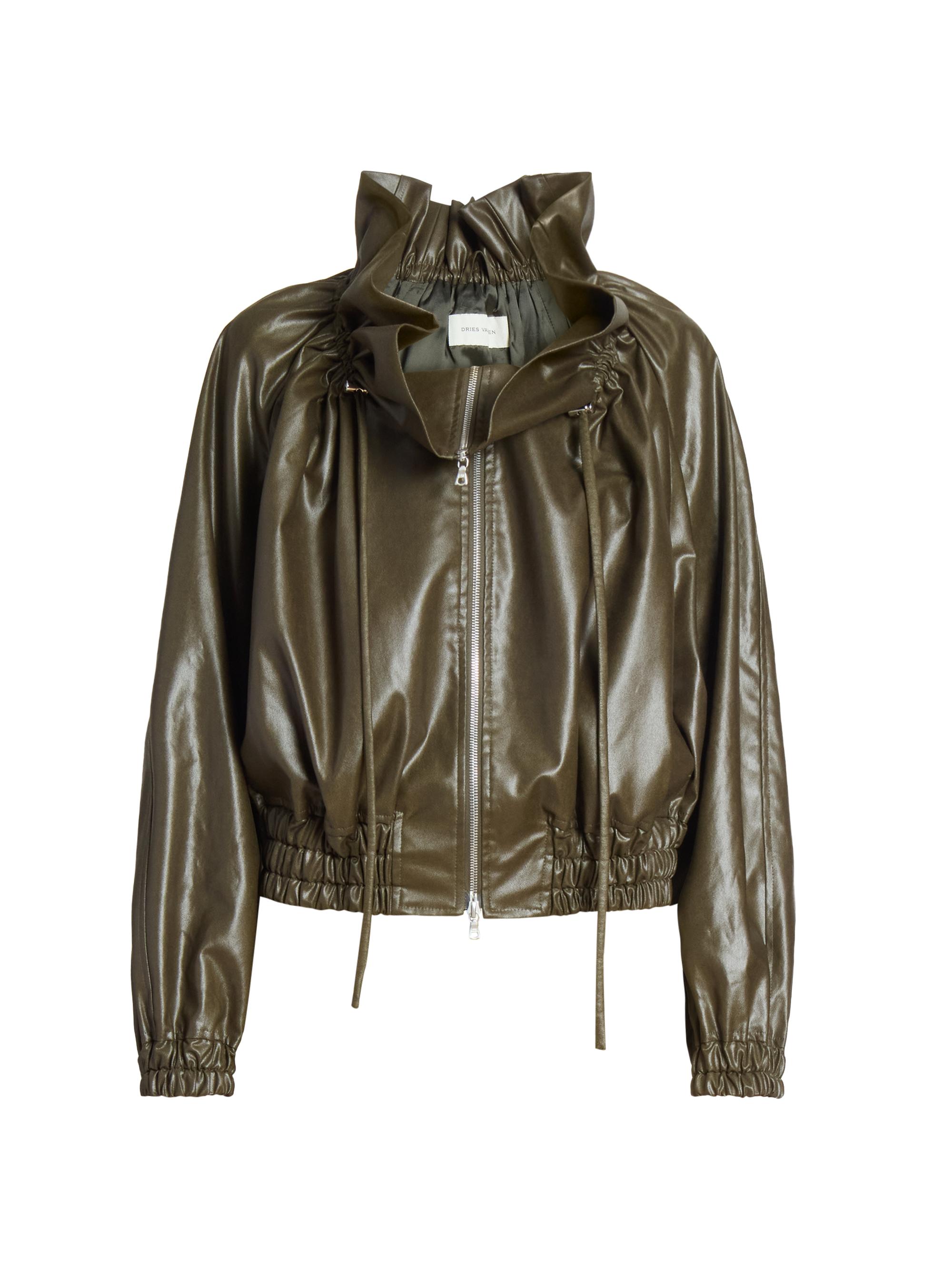Dries Van Noten Women's Faux-Leather Drawstring Collar Jacket - Khaki