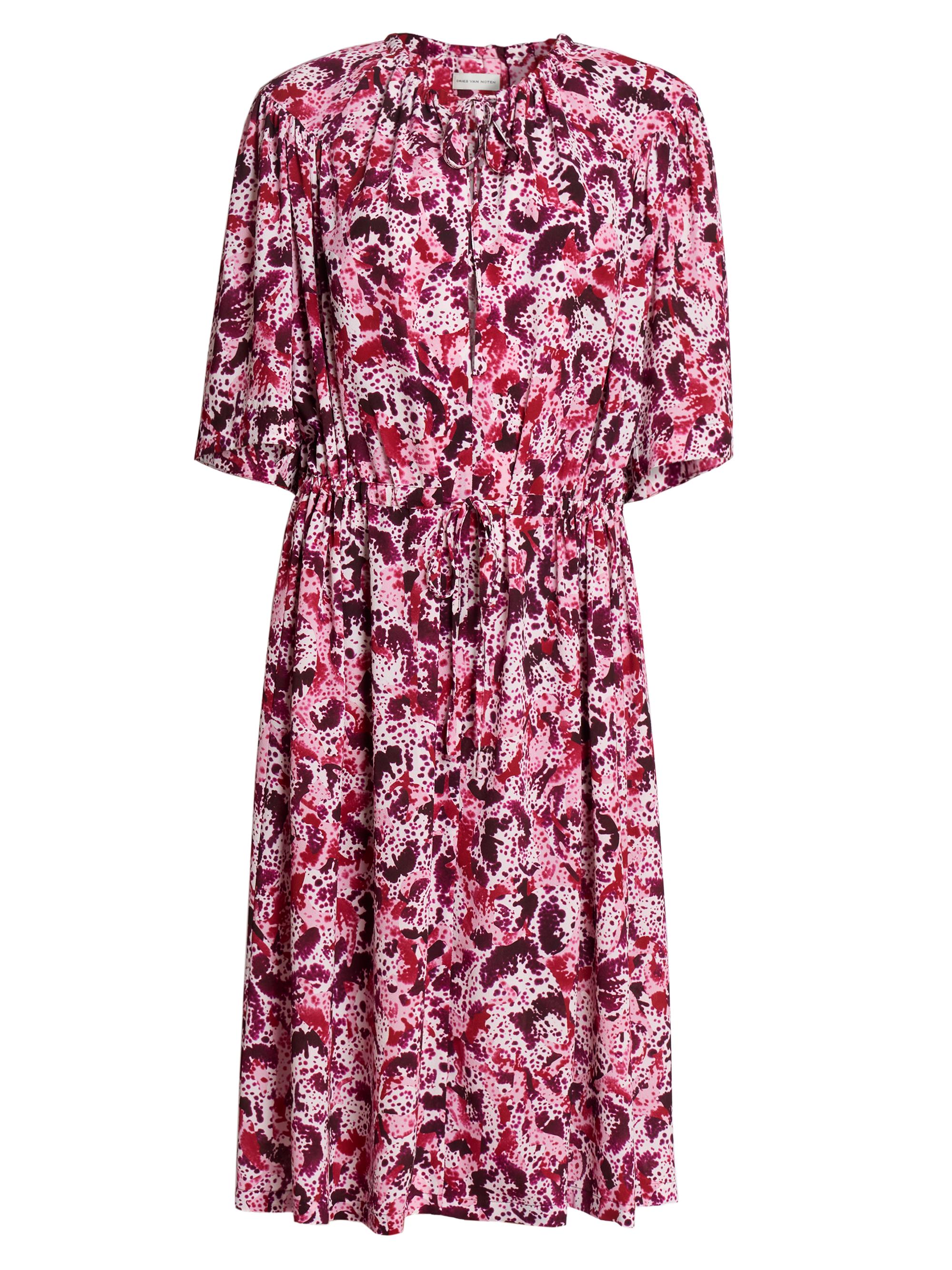 Dries Van Noten Women's Abstract-Print Tieneck Midi-Dress - Fuchsia
