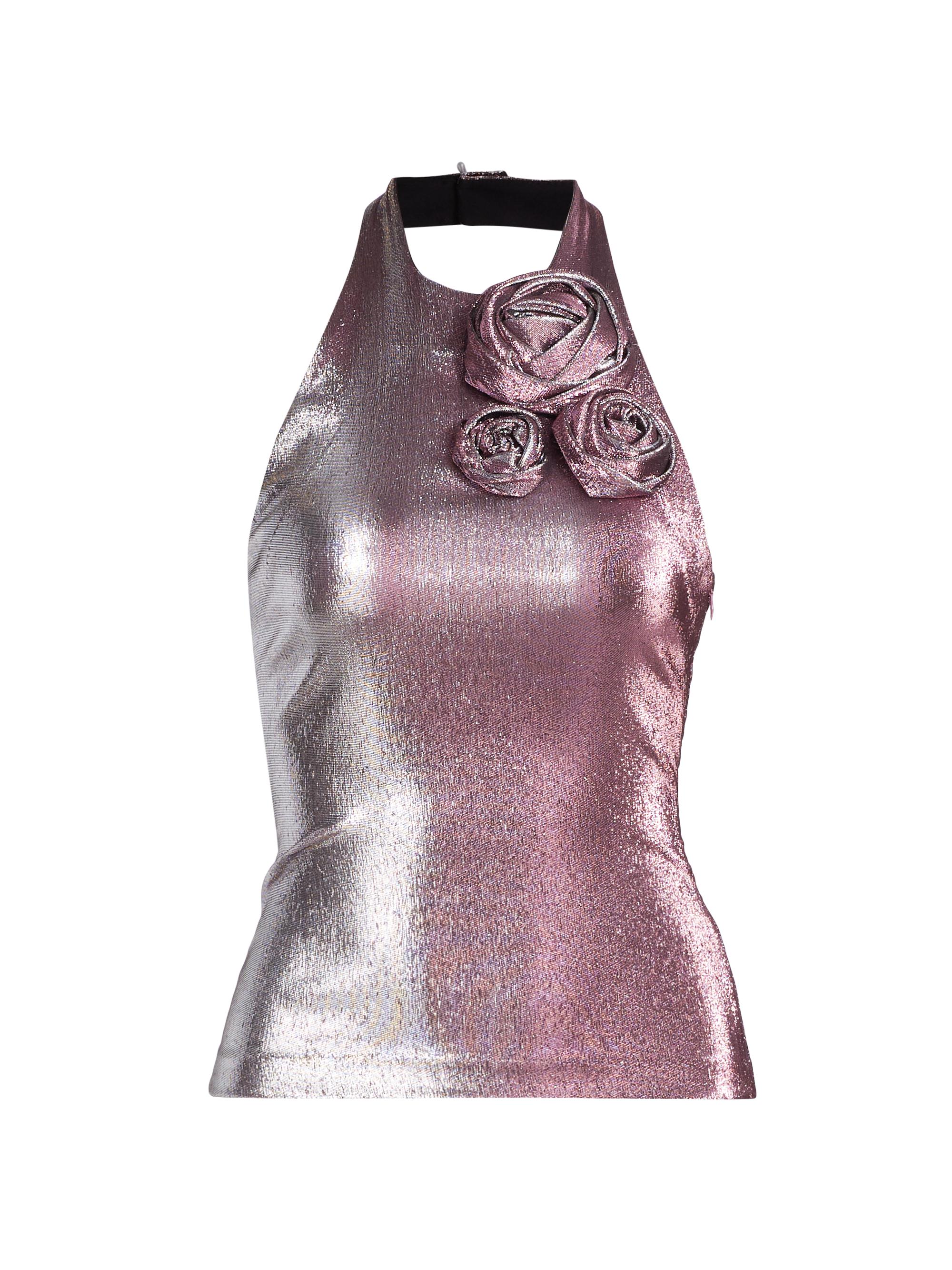 Area Women's Stretch-Lamé Rosette Halter Top - Pink Silver