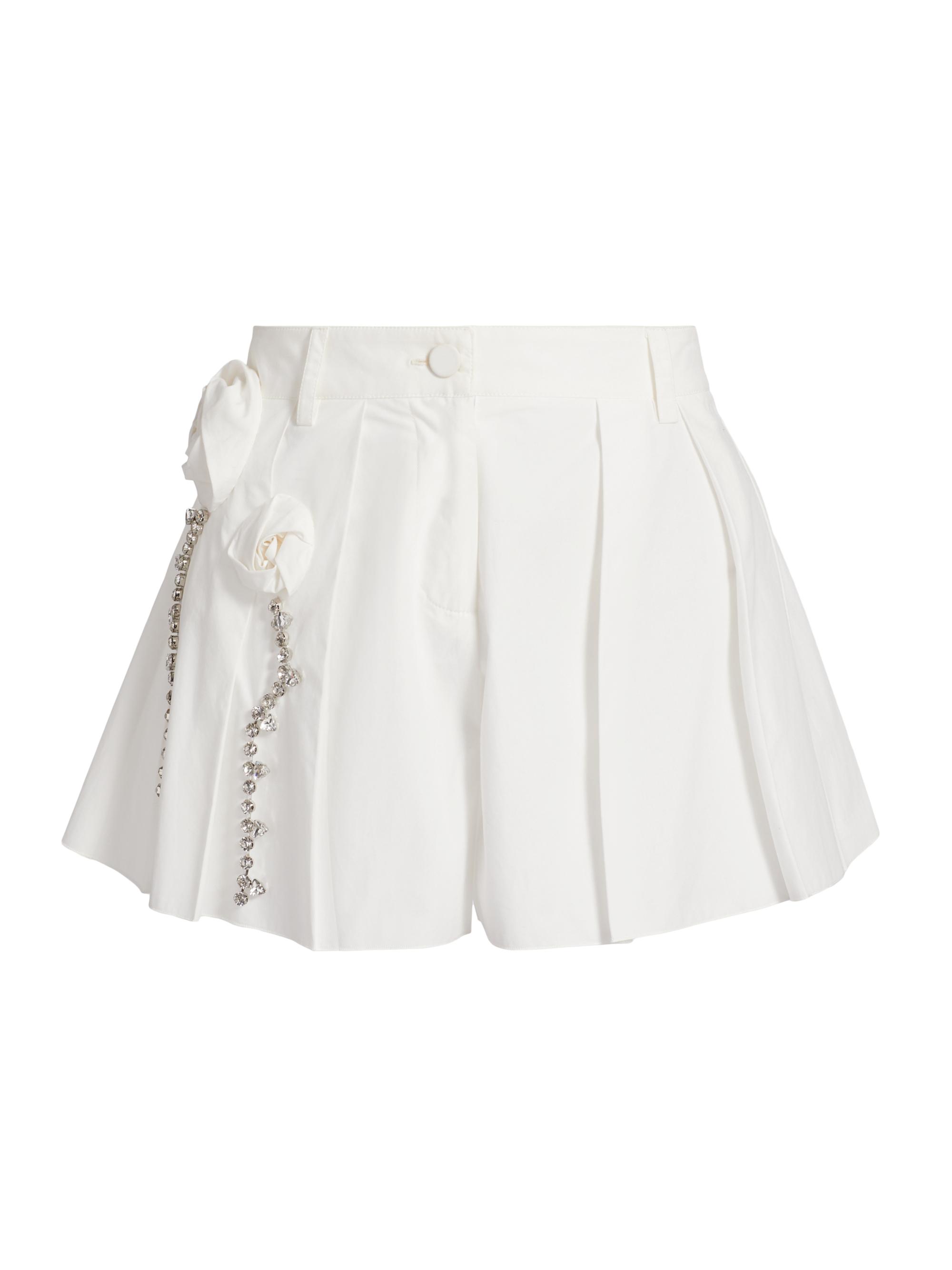 Area Women's Crystal Rosette Pleated Cotton Poplin Skort - Off White