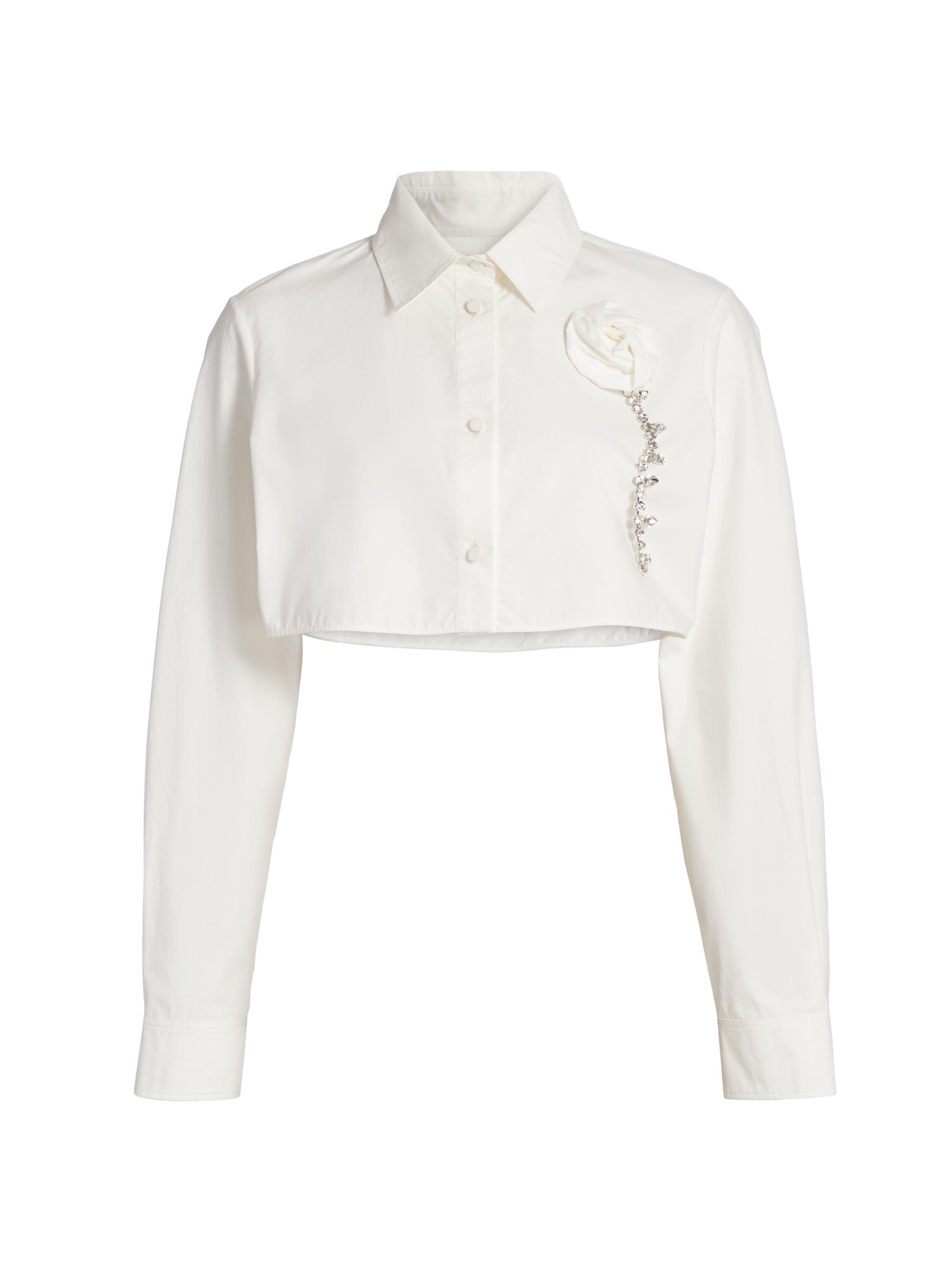 Area Women's Crystal Rosette Cotton Poplin Crop Shirt - Off White