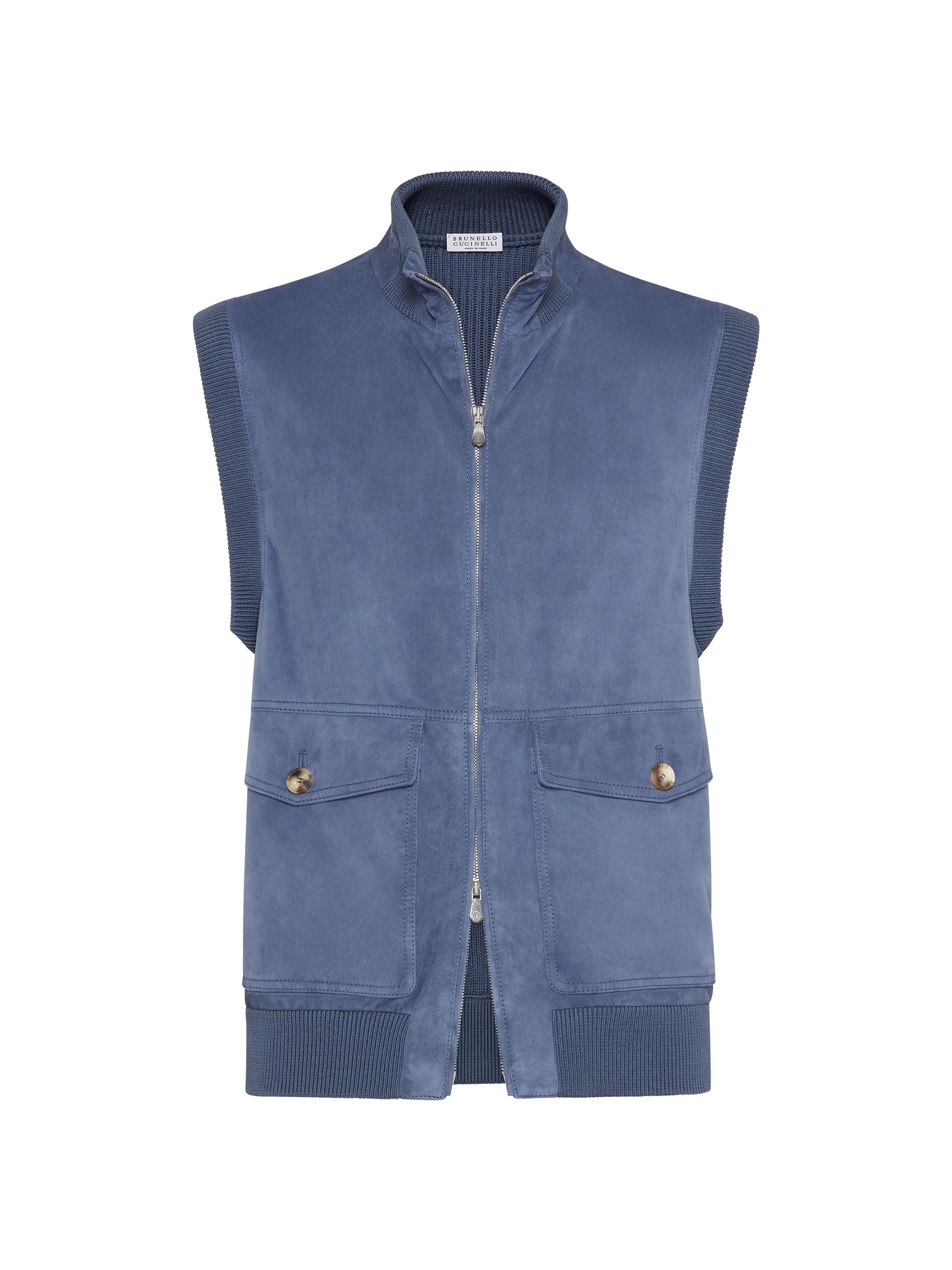 Brunello Cucinelli Men's Suede Vest with Cotton Knit Inserts - Denim