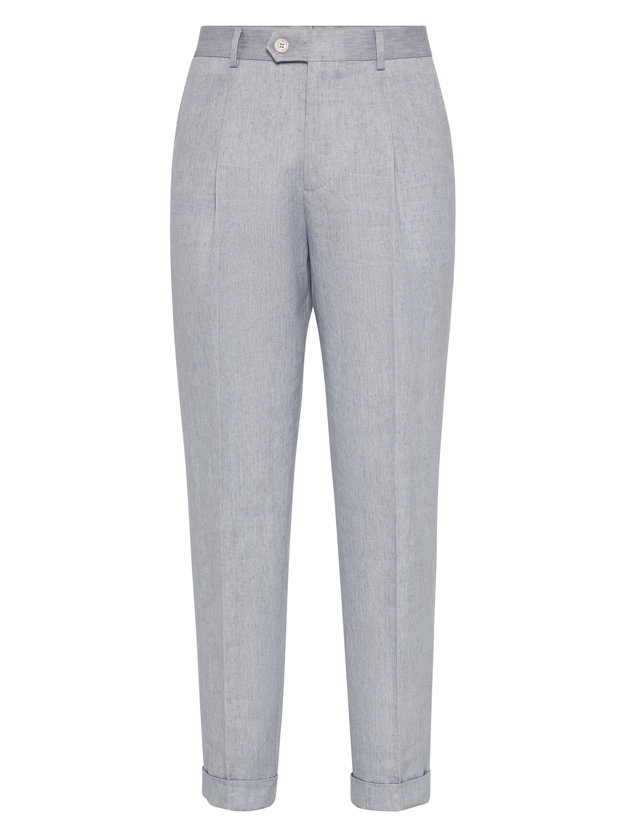 Brunello Cucinelli Men's Linen Denim Leisure Fit Trousers with Pleat - Grey
