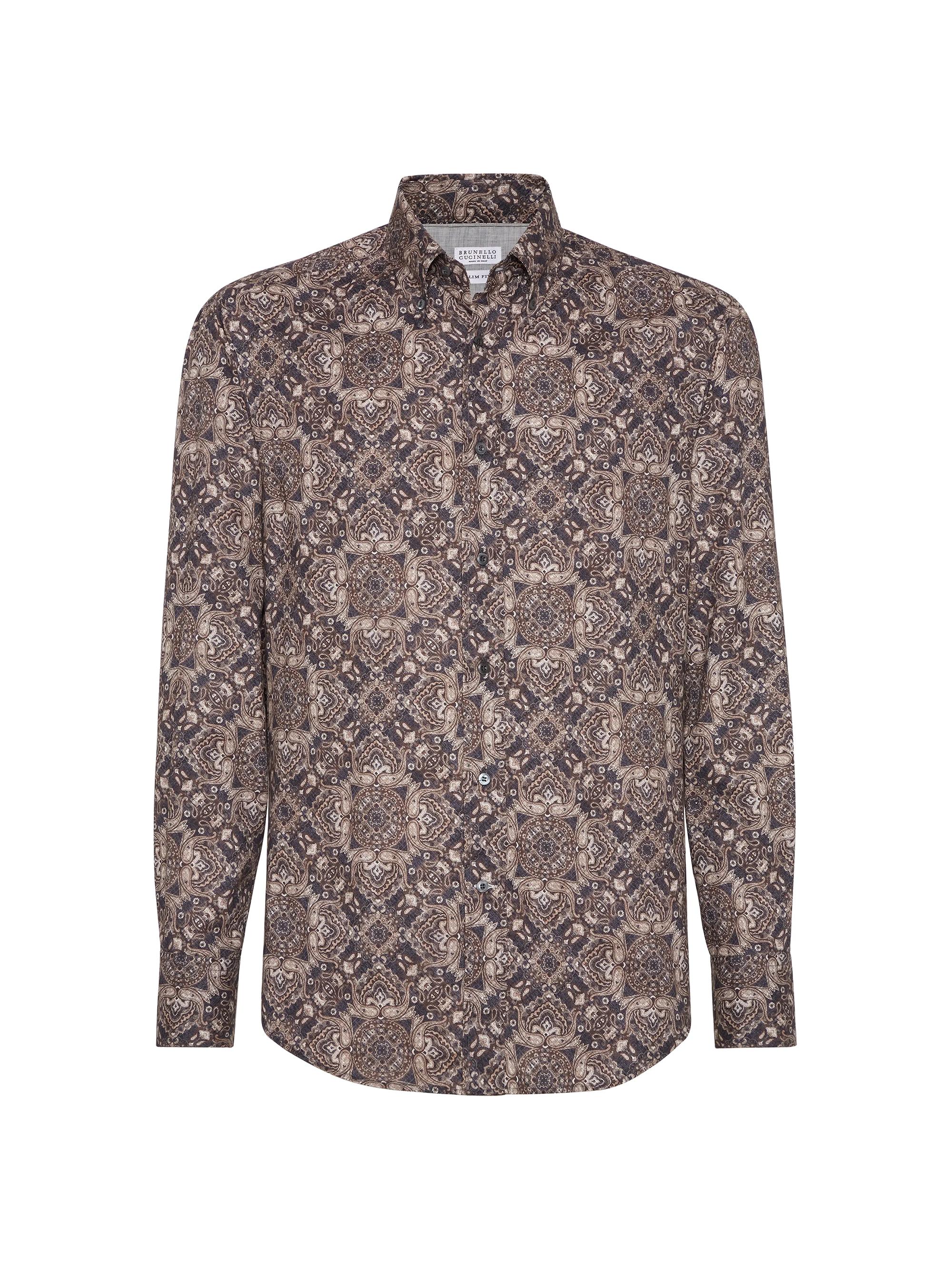 Brunello Cucinelli Men's Cotton Paisley Twill Slim Fit Shirt with Button Down Collar - Anthracite