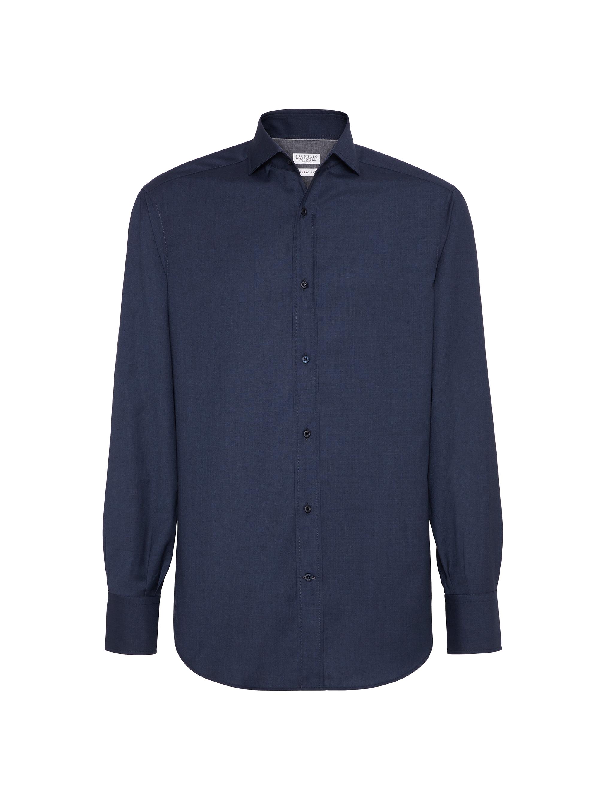 Brunello Cucinelli Men's Virgin Wool Poplin Basic Fit Shirt with Spread Collar - Azure