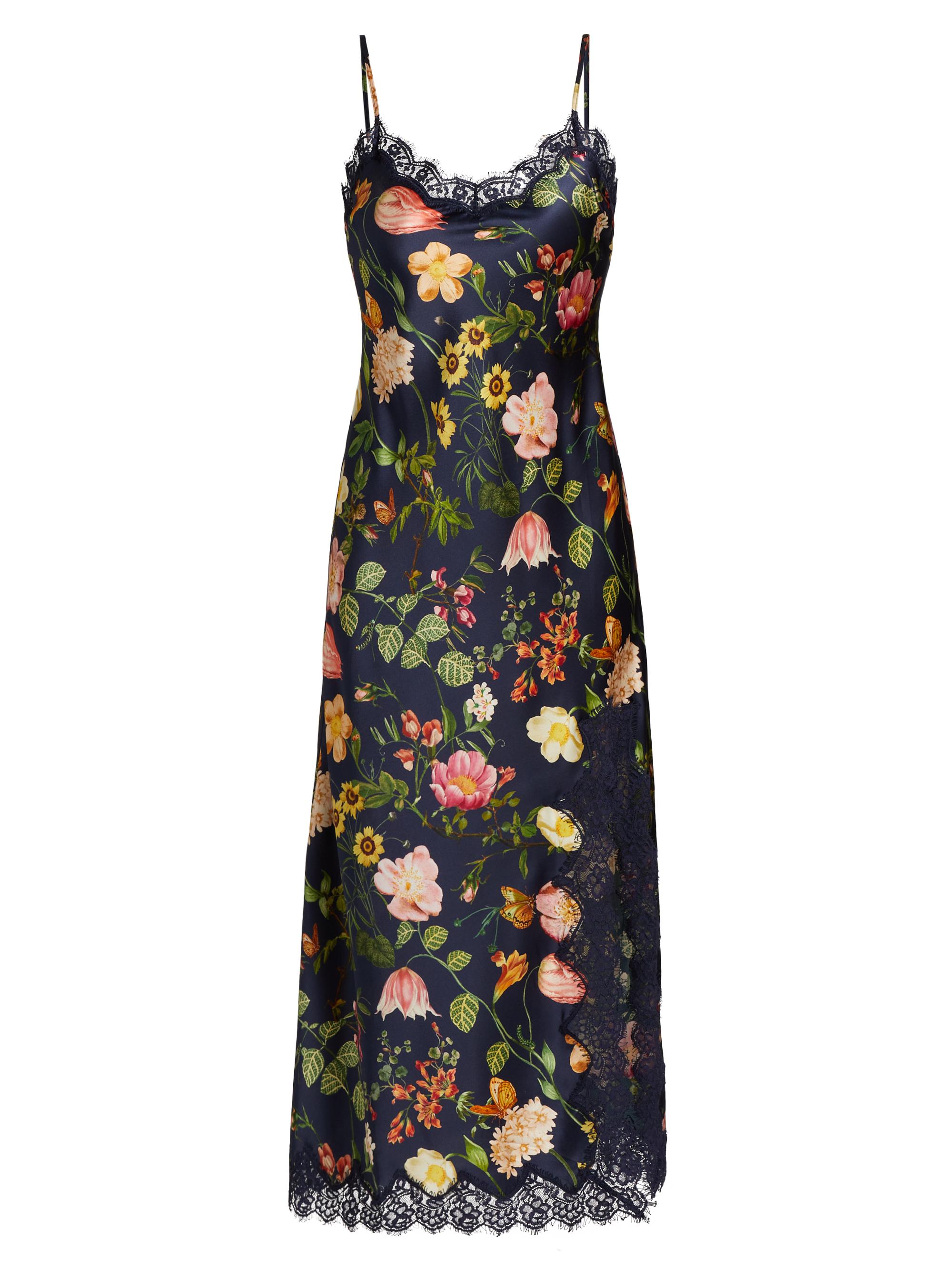Cara Cara Women's Granada Floral Lace-Trimmed Stretch-Silk Midi-Dress - Stems Evening Blue