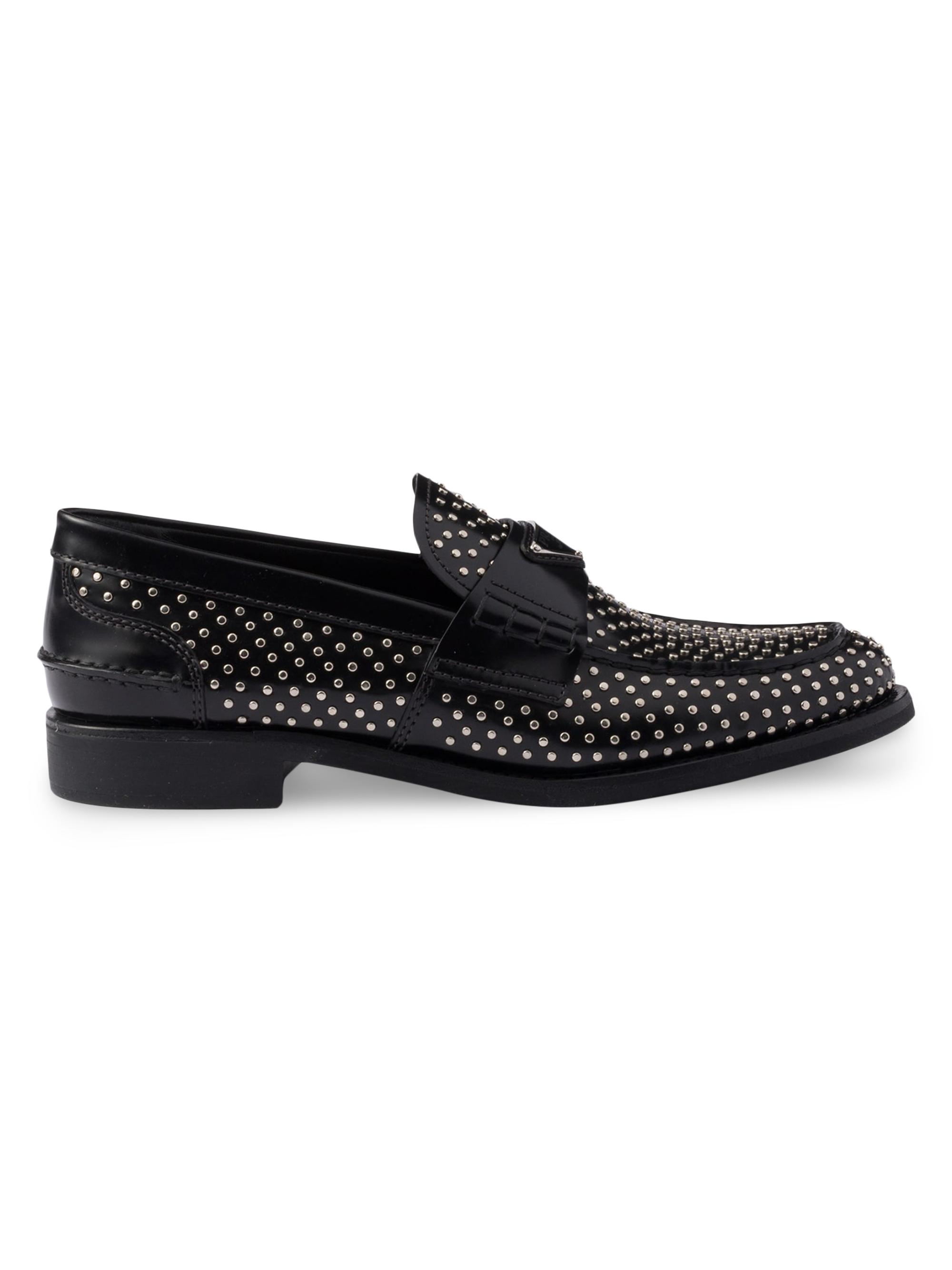 Prada Women's Studded Brushed Leather Loafers - Black
