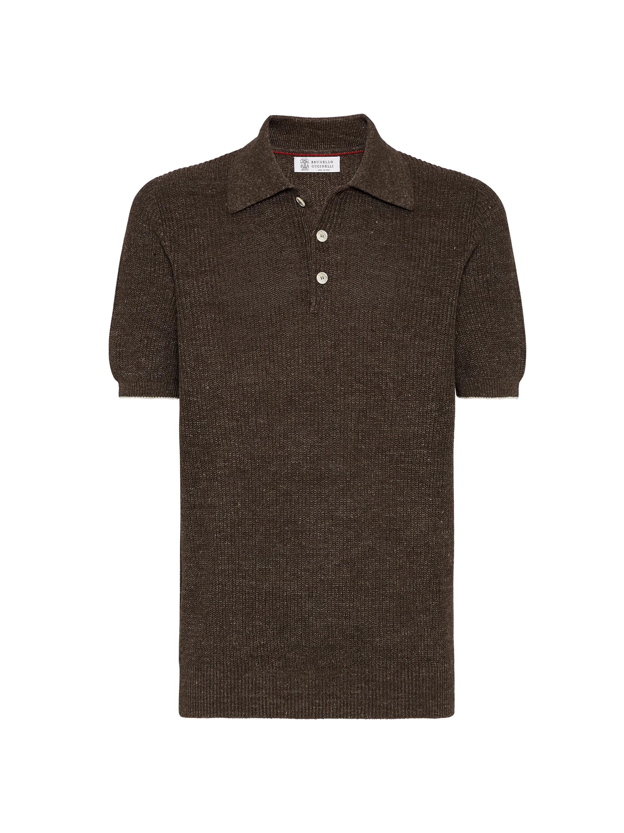 Brunello Cucinelli Men's Linen and Cotton Half English Rib Knit Polo - Brown