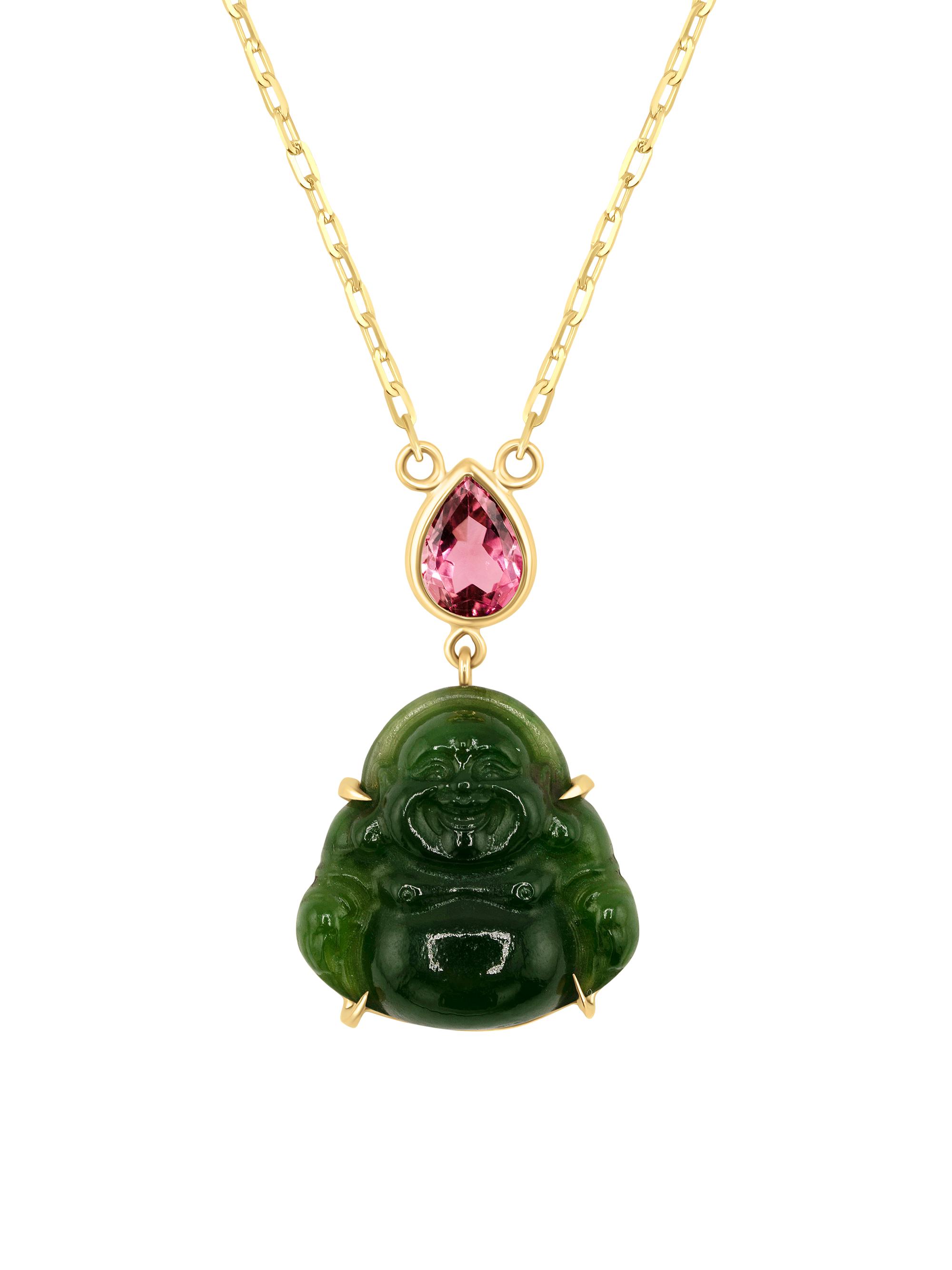 Jia Jia Women's Happy Buddha 14K Yellow Gold, Pink Tourmaline & Burmese Jade Pendant Necklace - Pink Green