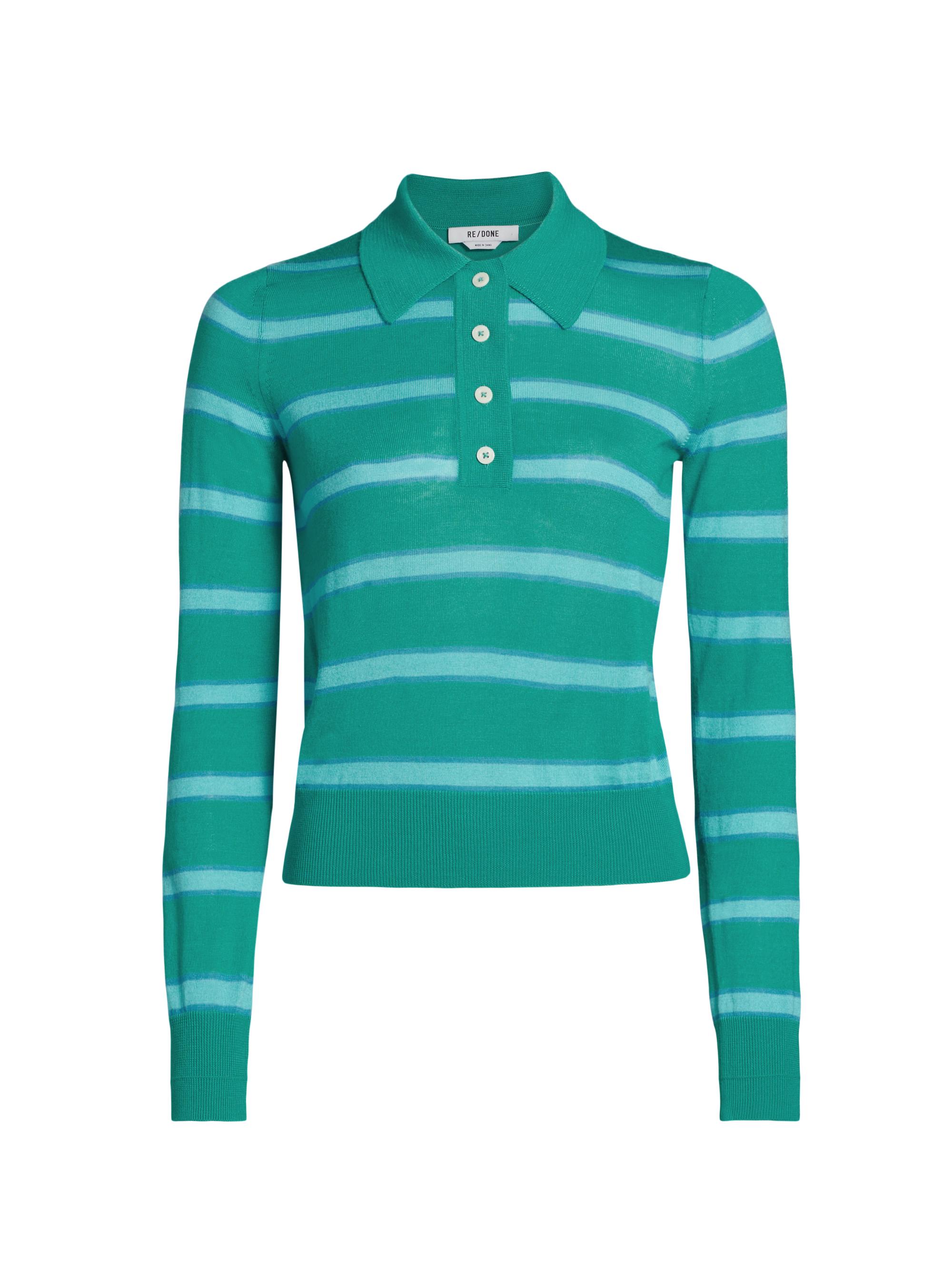 Re/done Women's The Memphis Striped Wool-Blend Polo Shirt - Aqua Verde Stripe